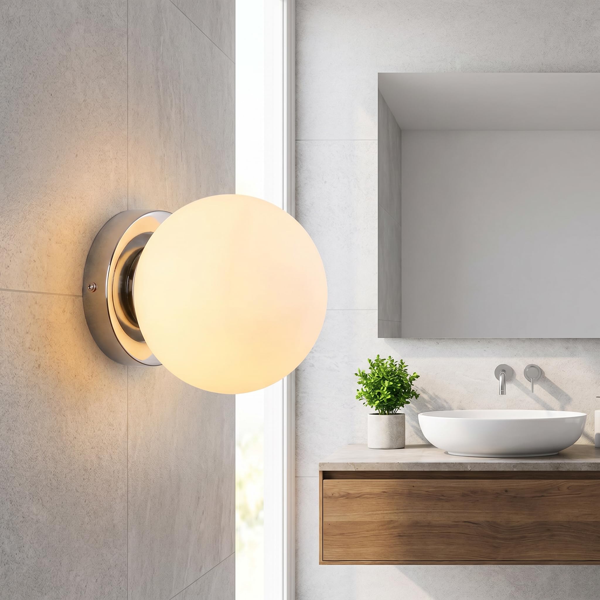 BARCELONA LED Wandleuchte Kugel Glas AVA IP44 E27, Wandlampe Kugel aus Opalglas, Badezimmer & Innenbereich Leuchte, klassisch modernes Design Chrom, dekorative Wandbeleuchtung für Bad Flur