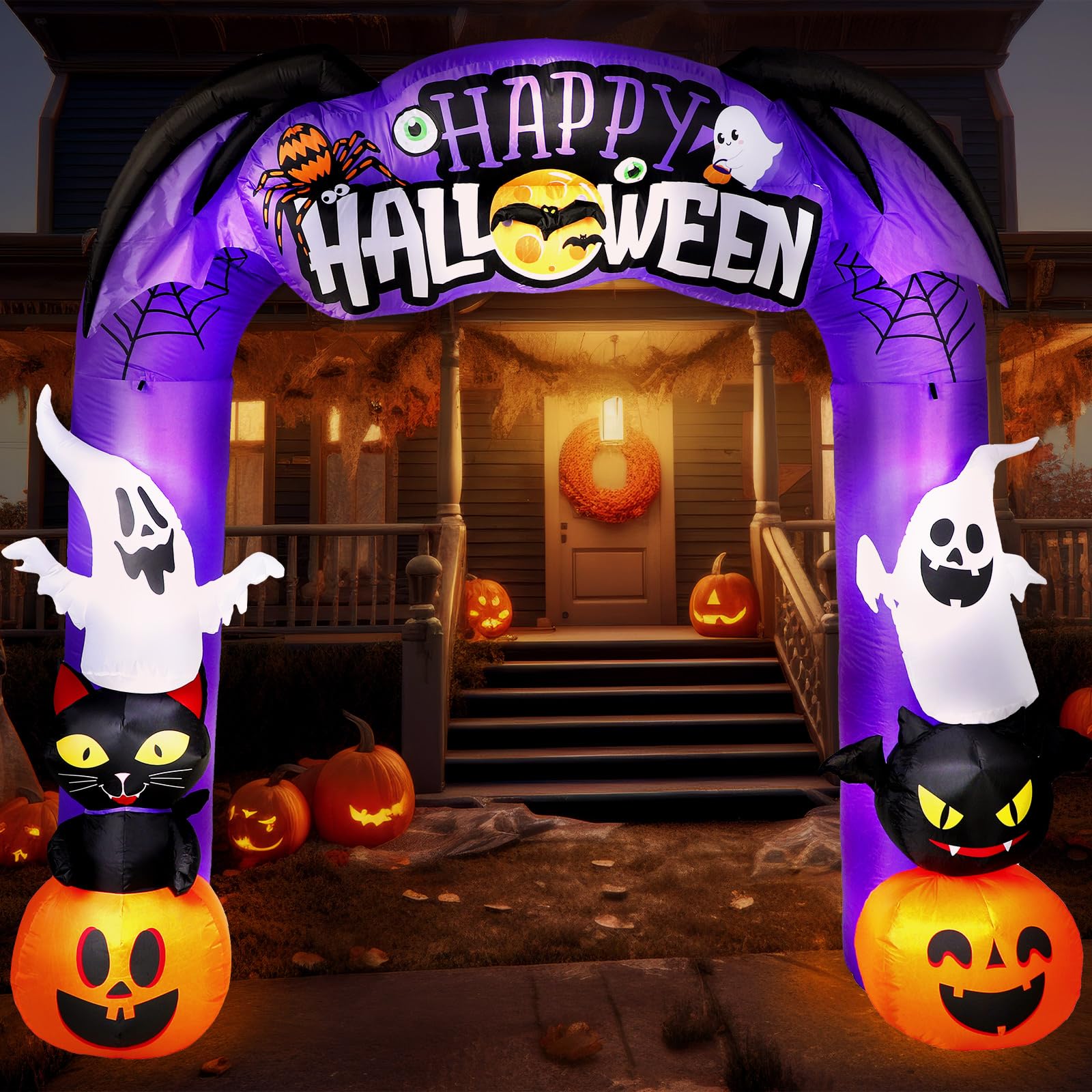 Leyndo 8.2 FT Tall Halloween Inflatable Bat Archway Outdoor Haunted Ghosts and Pumpkin Arch with Build in LEDs Blow Up Inflatables for Happy Halloween Indoor Outdoor Garden Prop Yard Lawn Party Decor