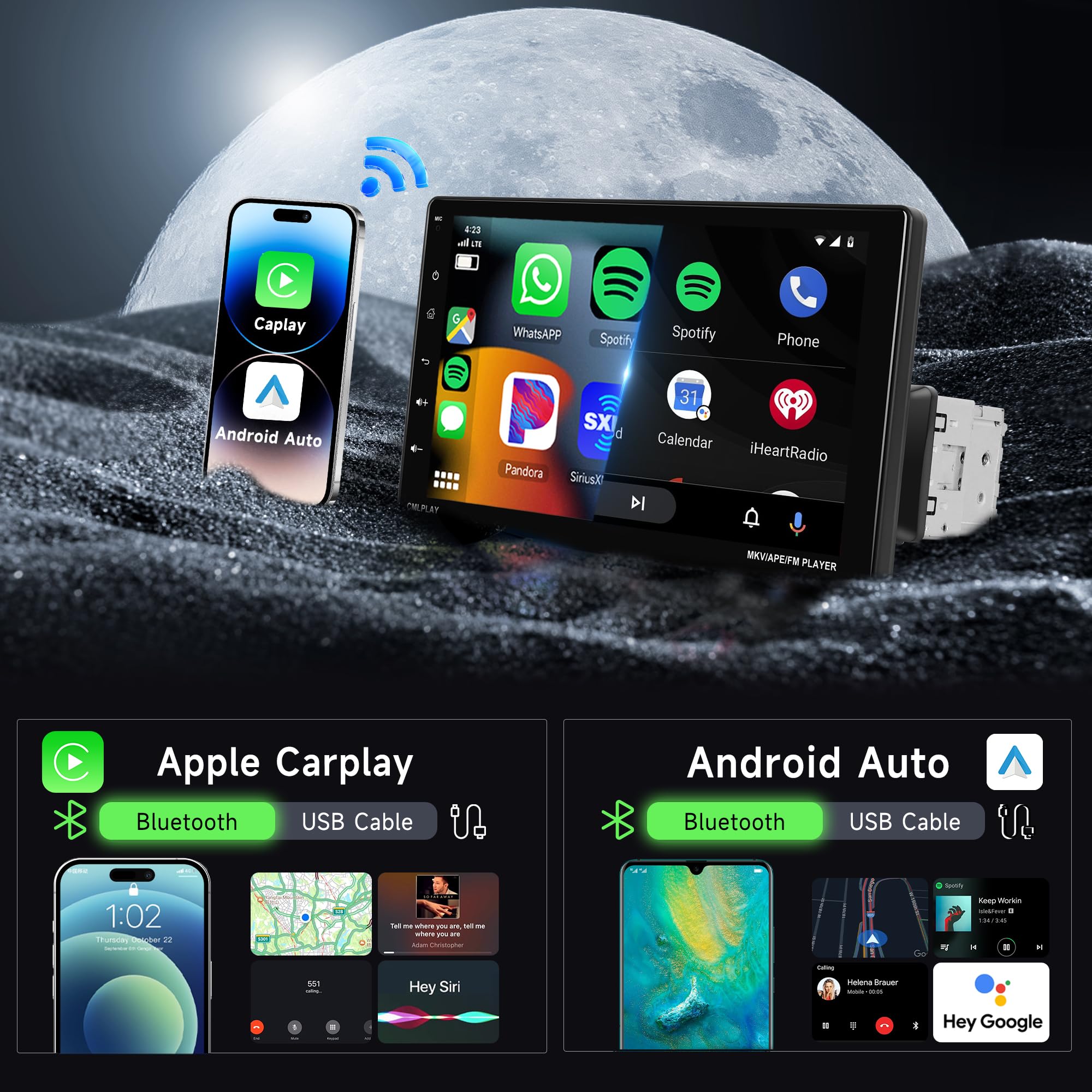 Wireless CarPlay Single Din Car Stereo Touchscreen, Rimoody 9 inch Detachable Car Radio with Bluetooth 5.0 Android Auto Mirror Link FM/EQ USB/AUX/TF/SWC/MIC Car Audio Receiver Backup Camera
