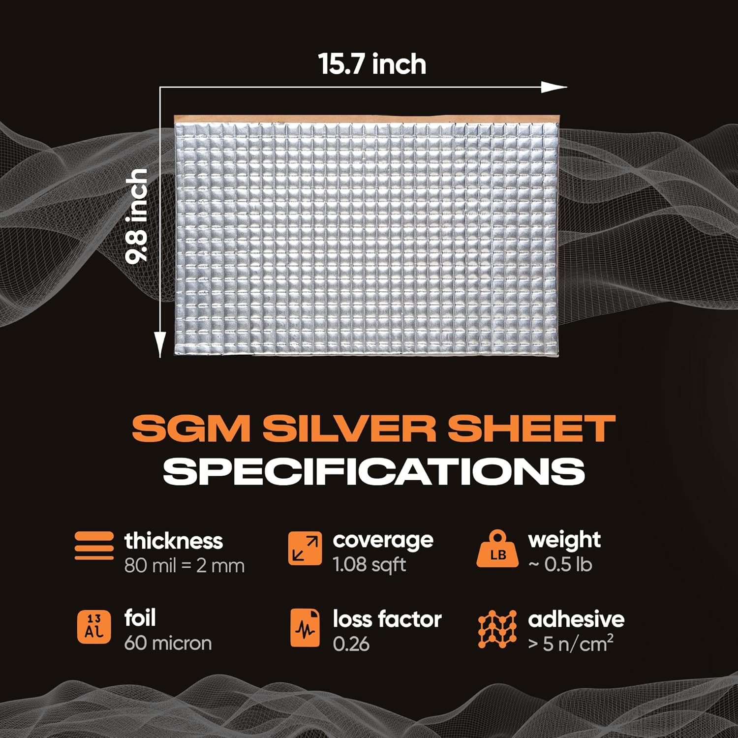 SGM Silver Car Sound Deadening Mat 80 mil (2mm) 36 sqft (3.4 sqm), Automotive Sound Deadener, Self Adhesive Butyl Car Sound Deadening Material, Audio Noise Insulation and Dampening Sheets