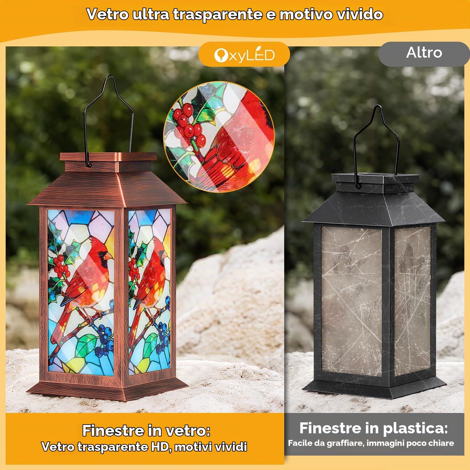 OxyLED Lanterne Solari da Esterno, Lanterne da Esterno con ON/OFF Automatici Impermeabili IP44, Luce Bianca Calda per Giardino Patio Sentieri e Decorazioni Natalizie Idee Regalo per Donna Cardinal