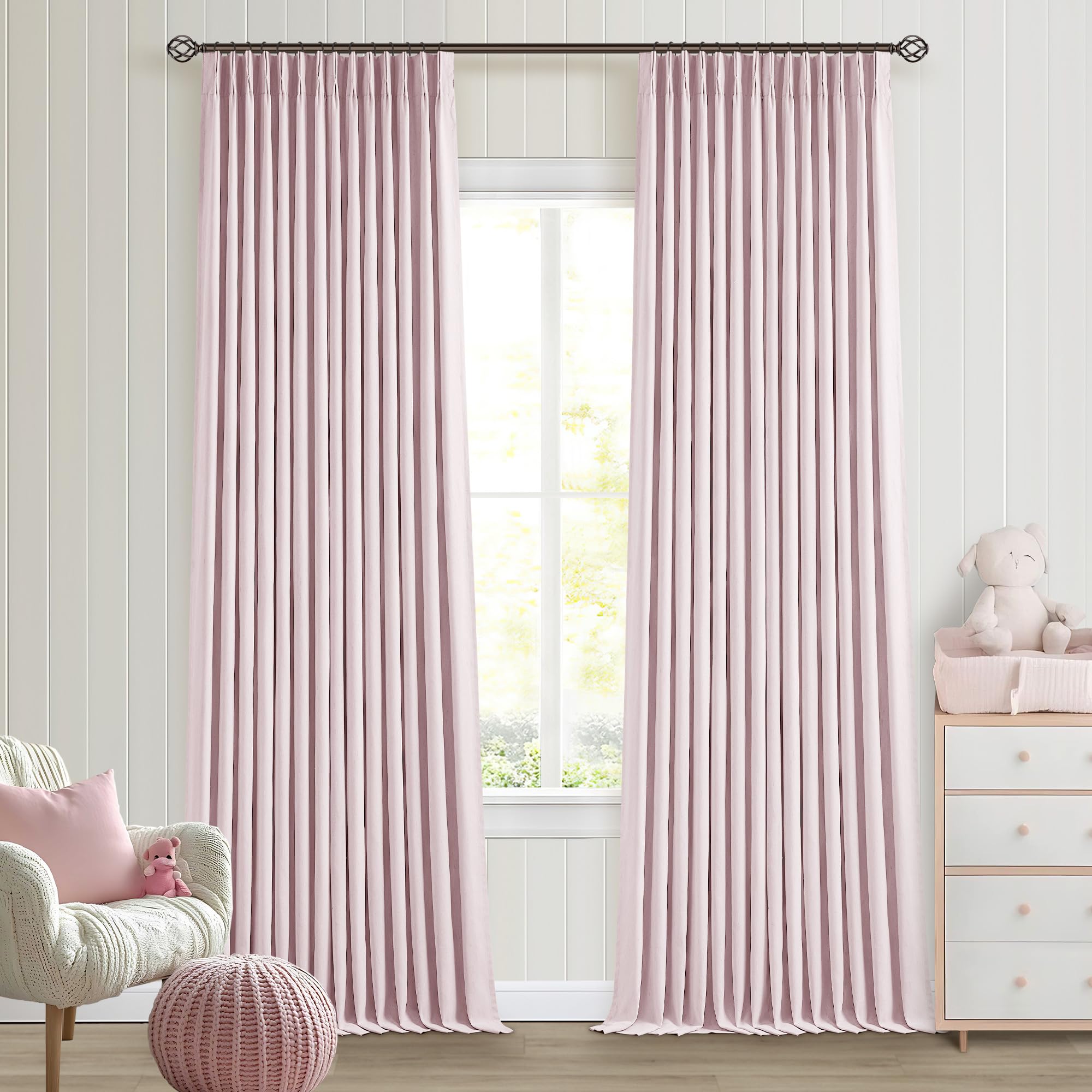 Pinch Pleated Pink Blackout Curtains 96 Inches Long for Girls Bedroom Living Room Thermal Insulated Pleated Room Darkening Light Blocking Linen 96