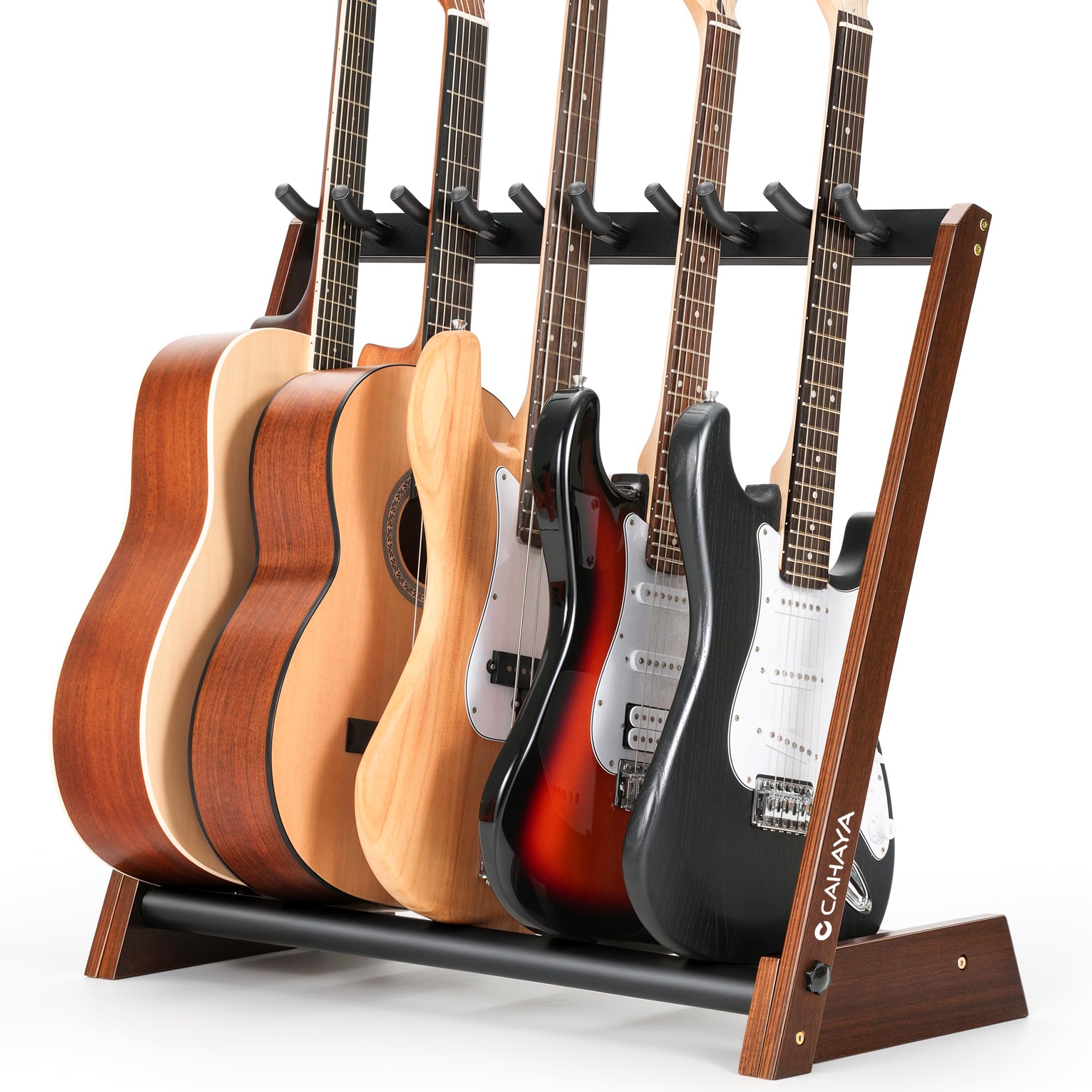 CAHAYA Supporto Multi Chitarre in Legno - Stand da Pavimento per 5 Chitarre Pieghevole e Portatile per Chitarre Acustiche, Elettriche, Classiche e Basso - Espositore per Casa e Studio