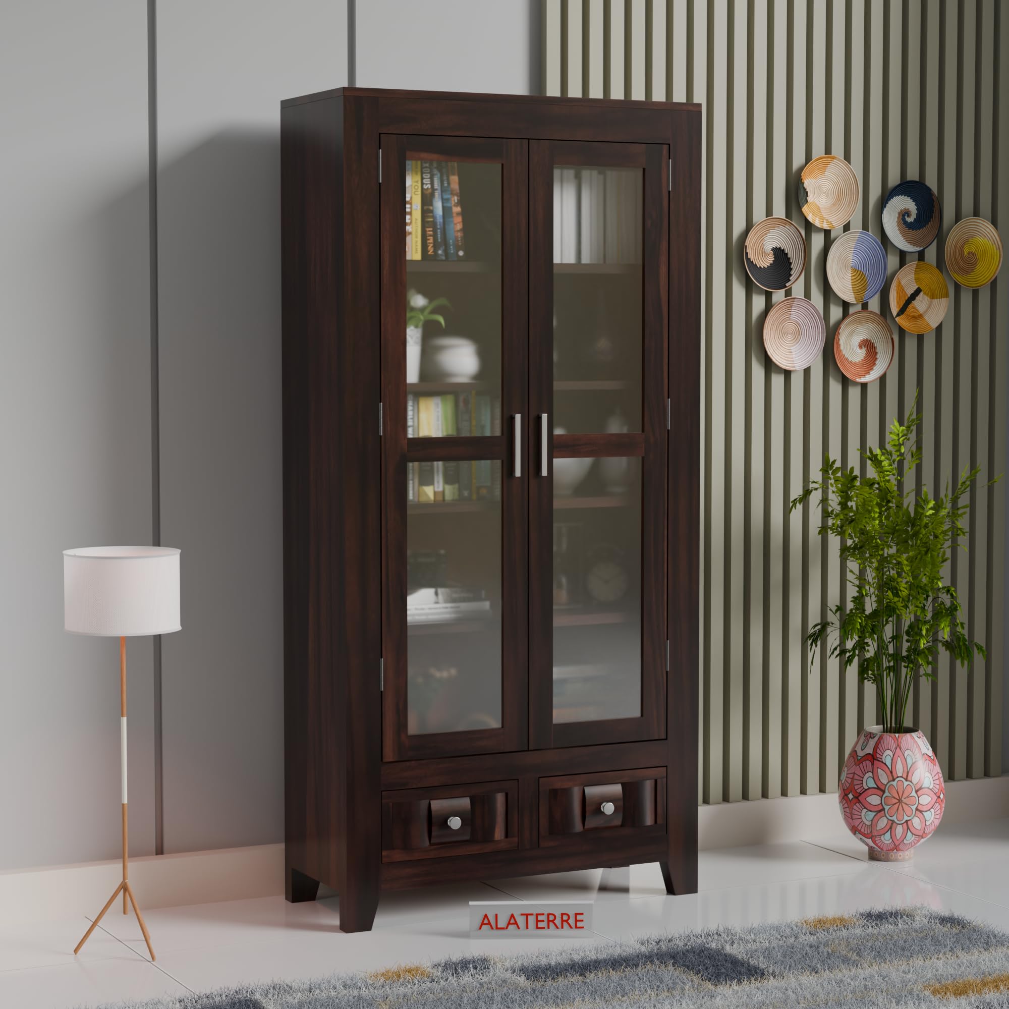 Solid Wood Display Cabinet with Acrylic Glass Doors & Storage Drawers | Modern Wooden Bookcase & Crockery Unit for Living Room, Dining Room & Home Decor (Walnut Finish)-image-20
