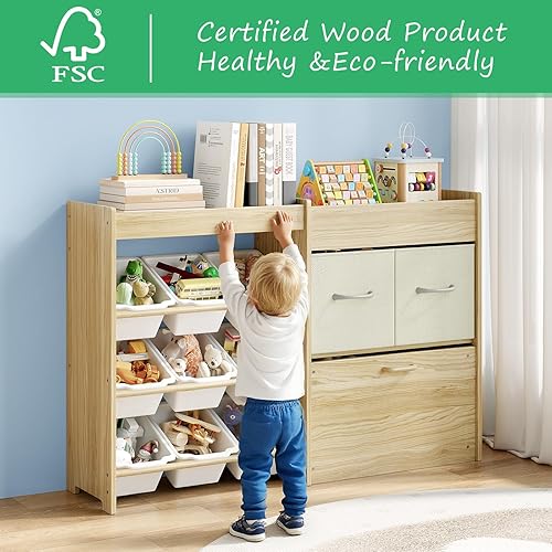 Miniatura 4 de Organizador de almacenamiento de juguetes para niños, organizador de juguetes de 9 compartimentos con 2 cajones, cofre de juguetes móvil y estante