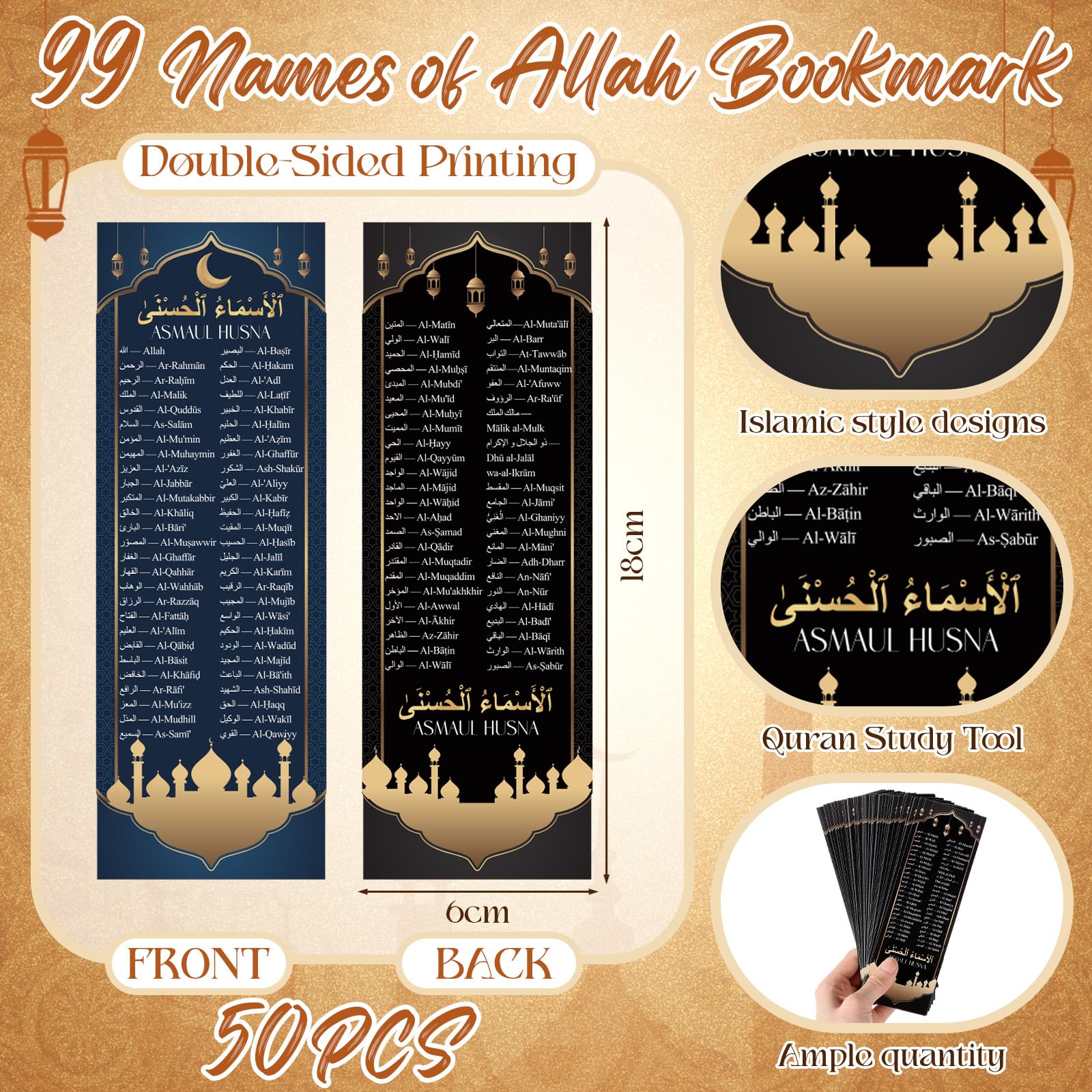 Resurhang 50 Sets Ramadan Gift Bulk Includes 99 Name of Allah Bookmarks Ramadan Mubarak Ballpoint Pens, Islamic Arabic Quran Gifts for Muslim Men Women, Eid Mubarak Party Favors