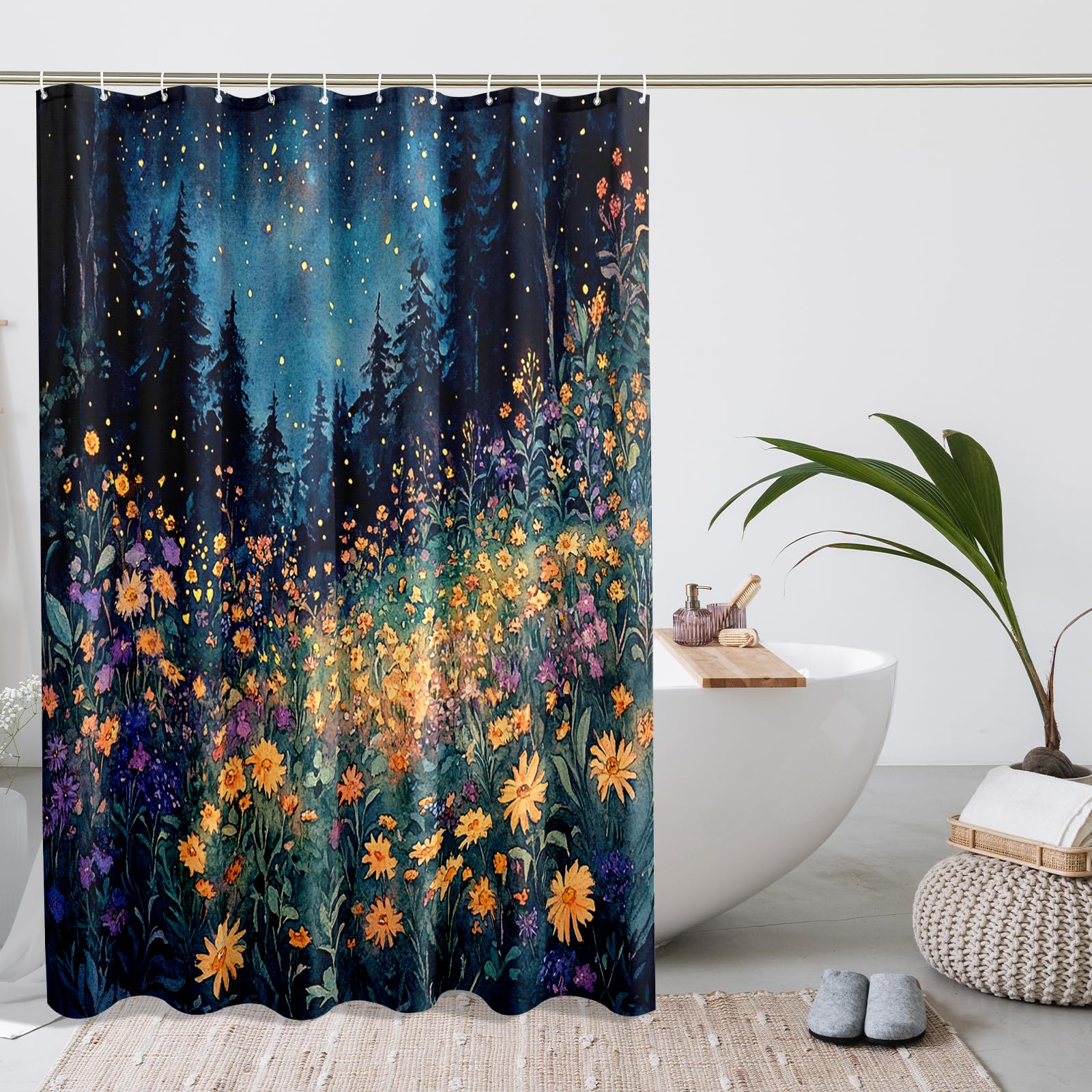 Rideau de douche floral aquarelle bleu ciel avec fleur orange pour décoration de salle de bain, rideau de douche artistique moderne en tissu imperméable avec crochets 183 x 198 cm