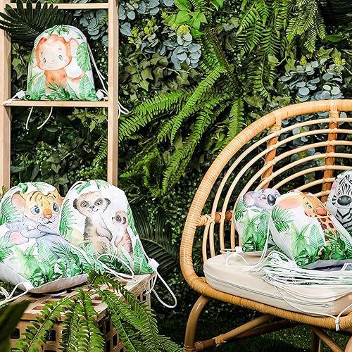 Miniatura 7 de Paquete de 16 bolsas de golosinas de safari para niños, bolsas con cordón para niños, lindos animales de la selva, bolsas de regalos de safari,