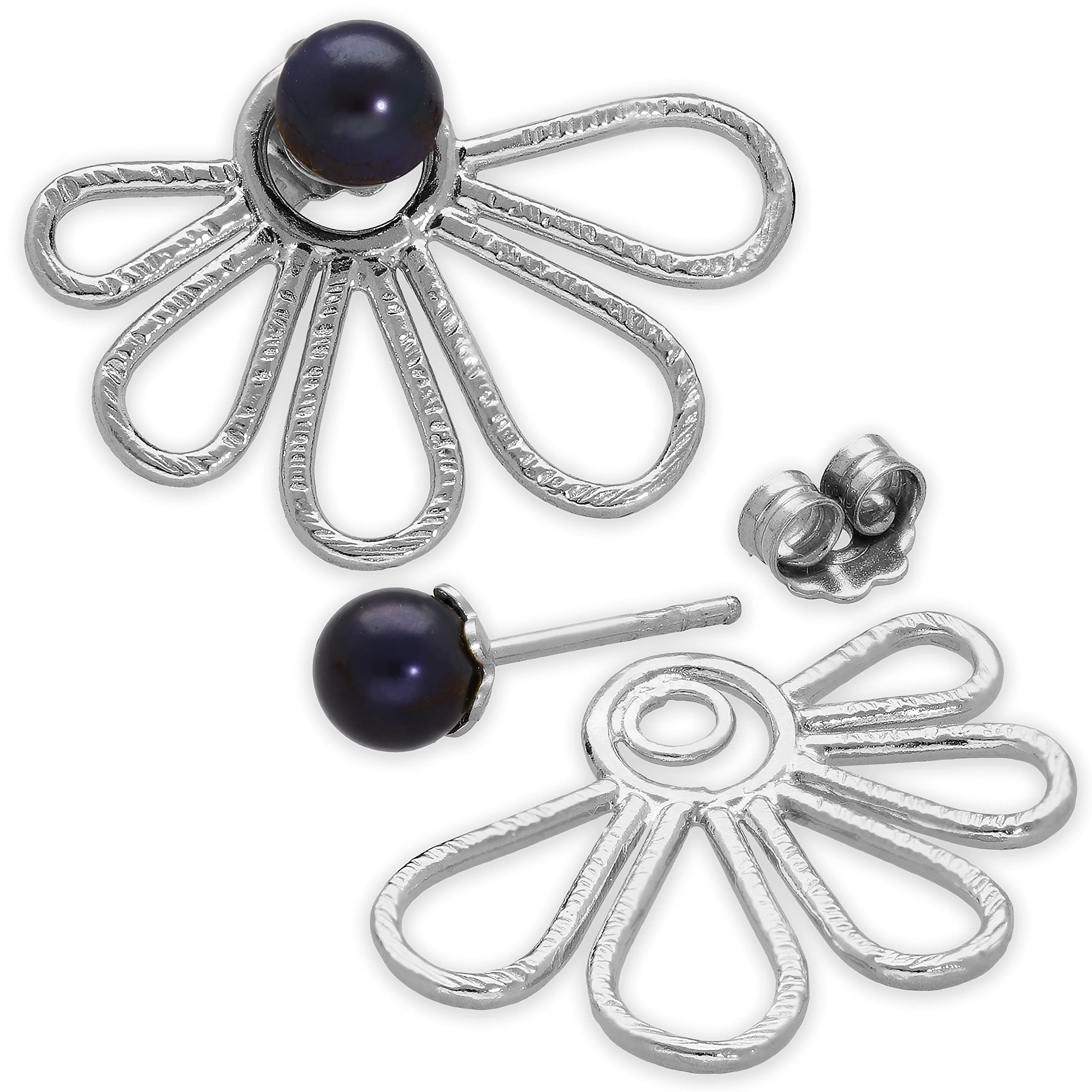 Kolczyki Ear-Jacket kwiaty ze srebra próby 925 z czarnymi perłami – wygląd 2 w 1 przód-tył – niklowane i hipoalergiczne – handmade by Emmanuela