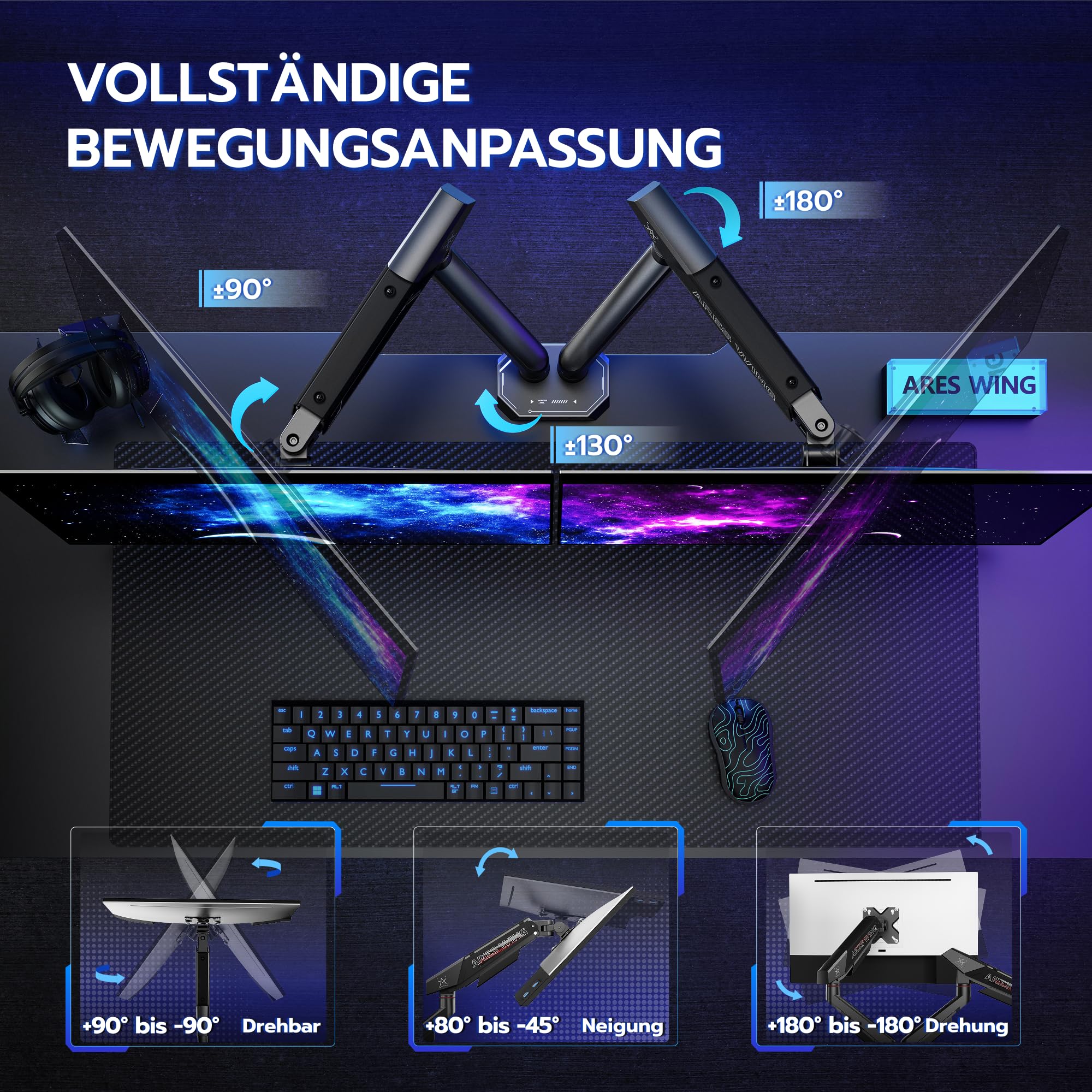 ARES WING Monitor Halterung 2 Monitore für 17–35 Zoll, 12 kg/Arm,Schwarz | Dual Monitorarm für Flach&Curved Bildschirm, höhenverstellbare Tischhalterung mit Kabelführung, ergonomisch,VESA 75/100 mm