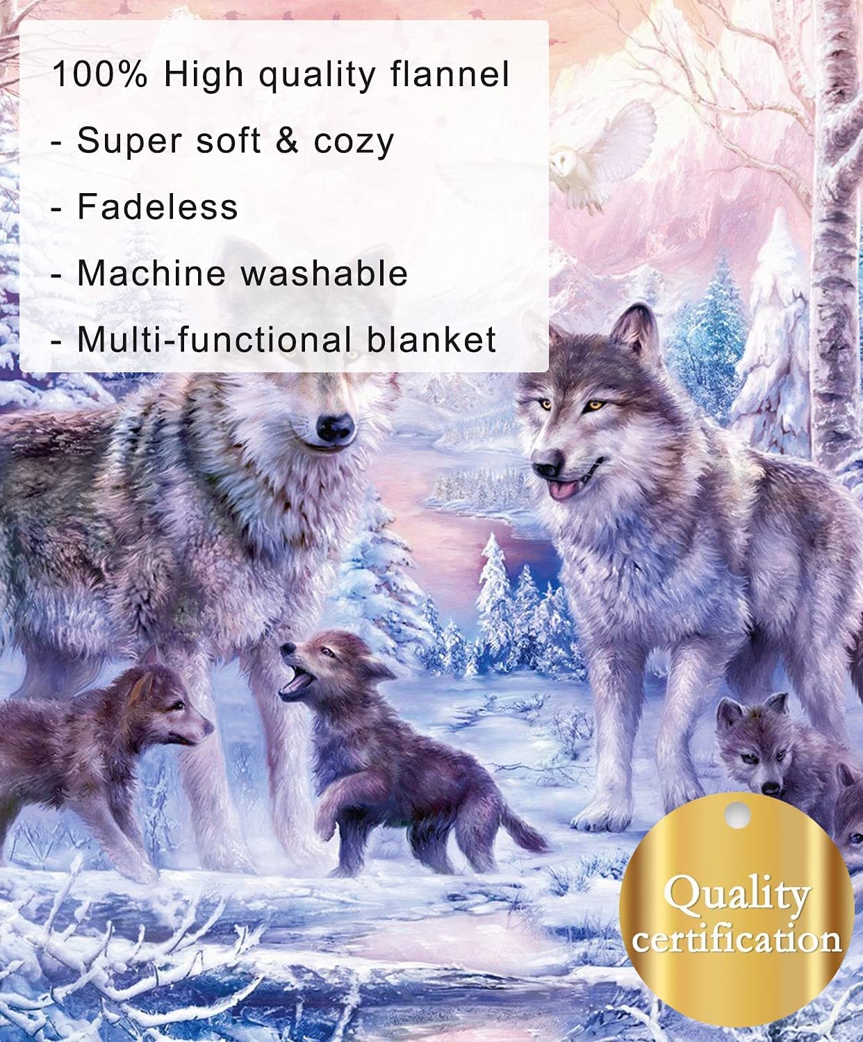 KYKU Pink Wolf Blankets and Throws - Fleece Wolves Blanket Snow Decorative Animal for Adults and Kids Family Love Design Pretty Art Gift Home Decorati KYKU Pink Wolf Blankets and Throws - Fleece Wolves Blanket