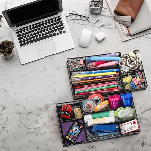 Miniatura 5 de Paquete de 2 organizadores de cajones de escritorio, bandeja de malla metálica para cajones, caja de almacenamiento de 6 compartimentos, cesta de