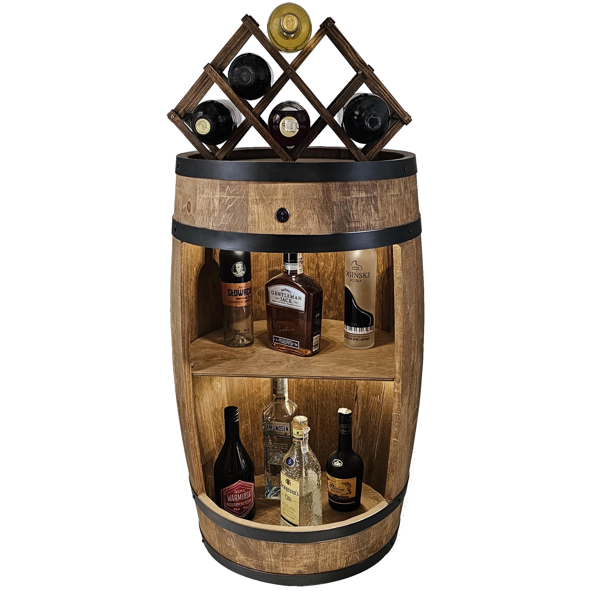 CREATIVE COOPER Fassbar LED avec Porte-Vin - Casier en Bois - Bar de Maison 80 cm - Décoration Rustique - Armoire à Vin - Baril de Bar à Whisky - Tonneau de Bière (Wengé)