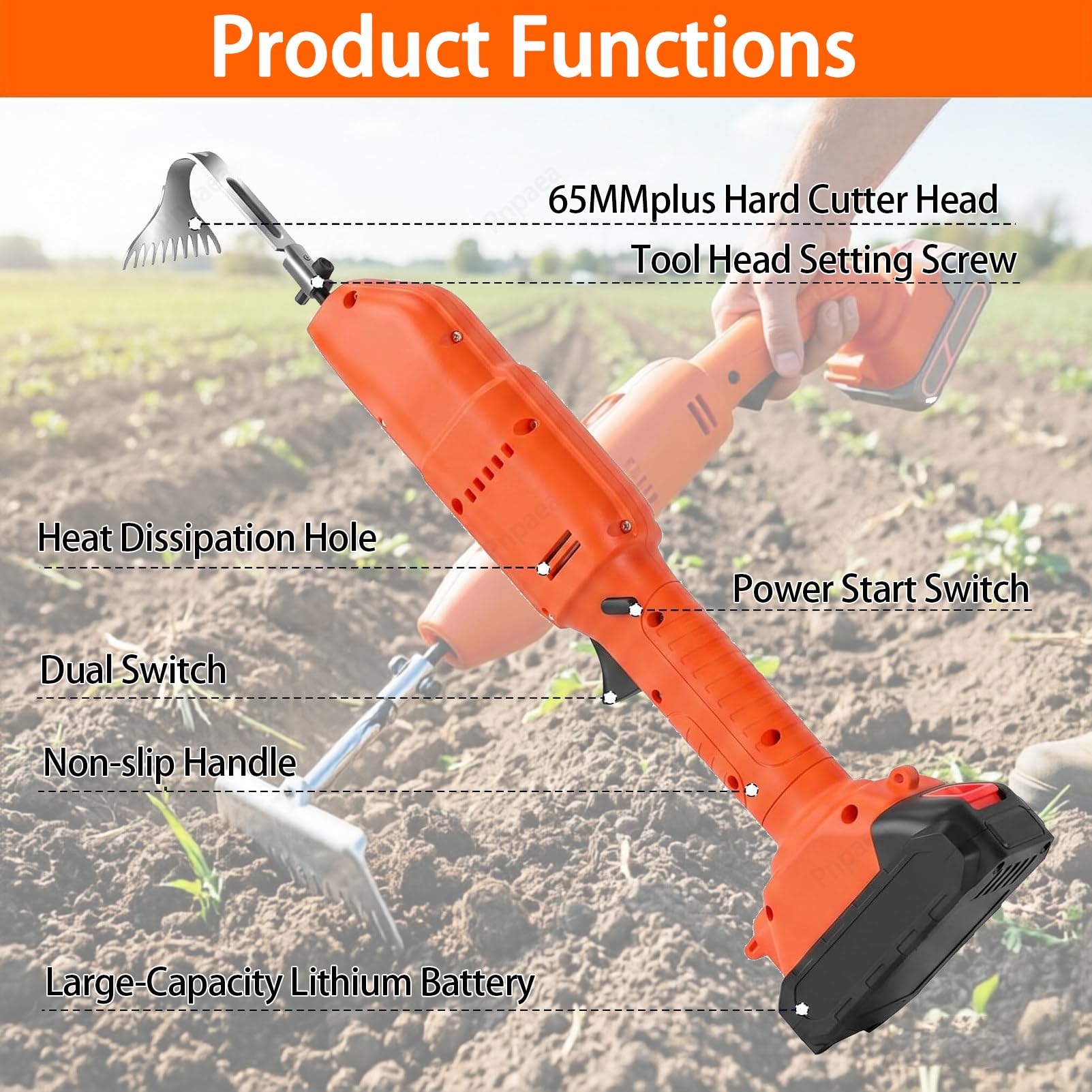 Motobineuse Electrique,Batterie Lithium Rechargeable Et Double Interrupteur Outillage De Jardin avec Profondeur De Travail De 30 Mm pour Ameublir Sol Et DéSherber 1Battery-