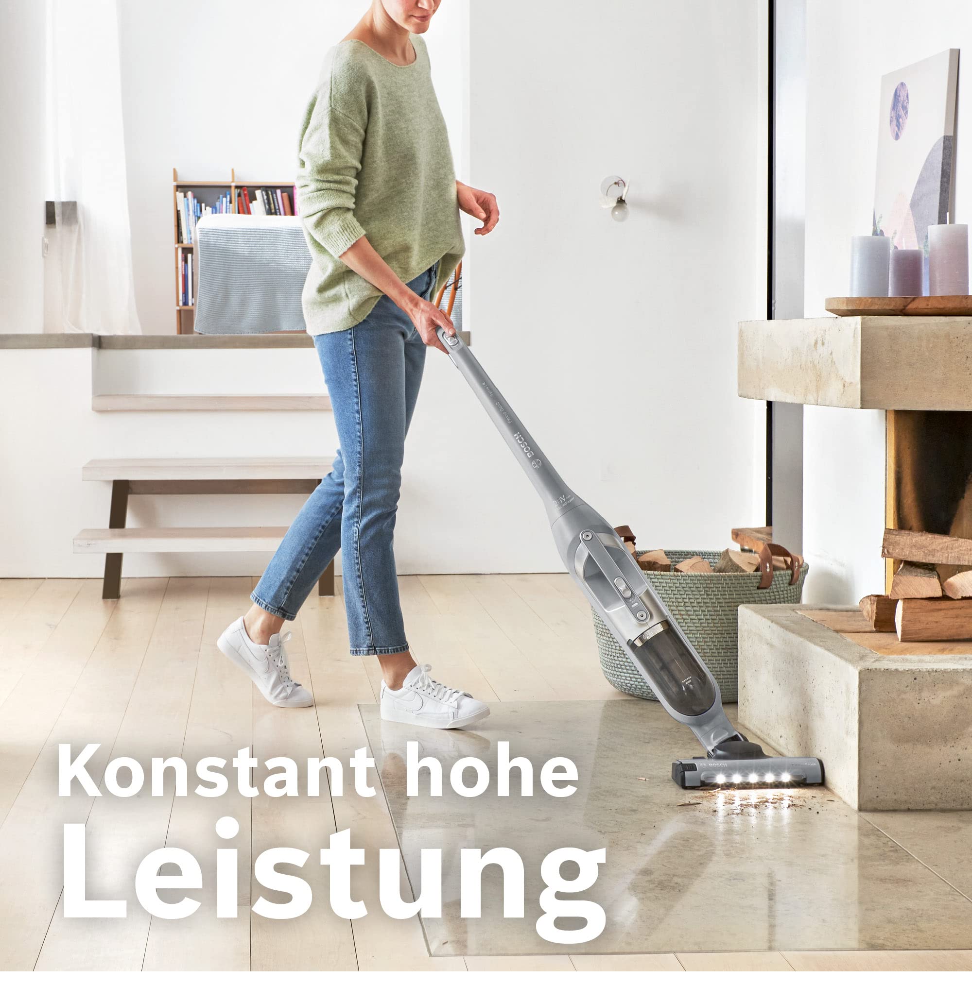 Bosch Akku-Staubsauger Flexxo 2in1 Serie 4 BBH3K2801, kabelloser Handstaubsauger, beutellos, hohe Saugleistung, Lange Laufzeit, Düse mit LED-Beleuchtung, alle Bodenarten, Silber