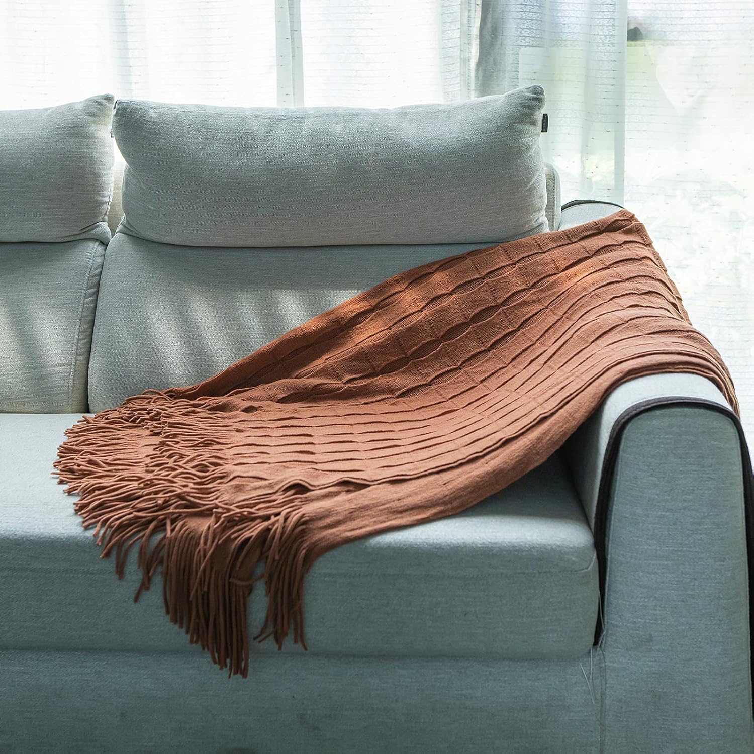 INSHERE Hollow Dark Orange Throw Blanket with Tassel Fringe Cover Cozy Soft Warm Lightweight