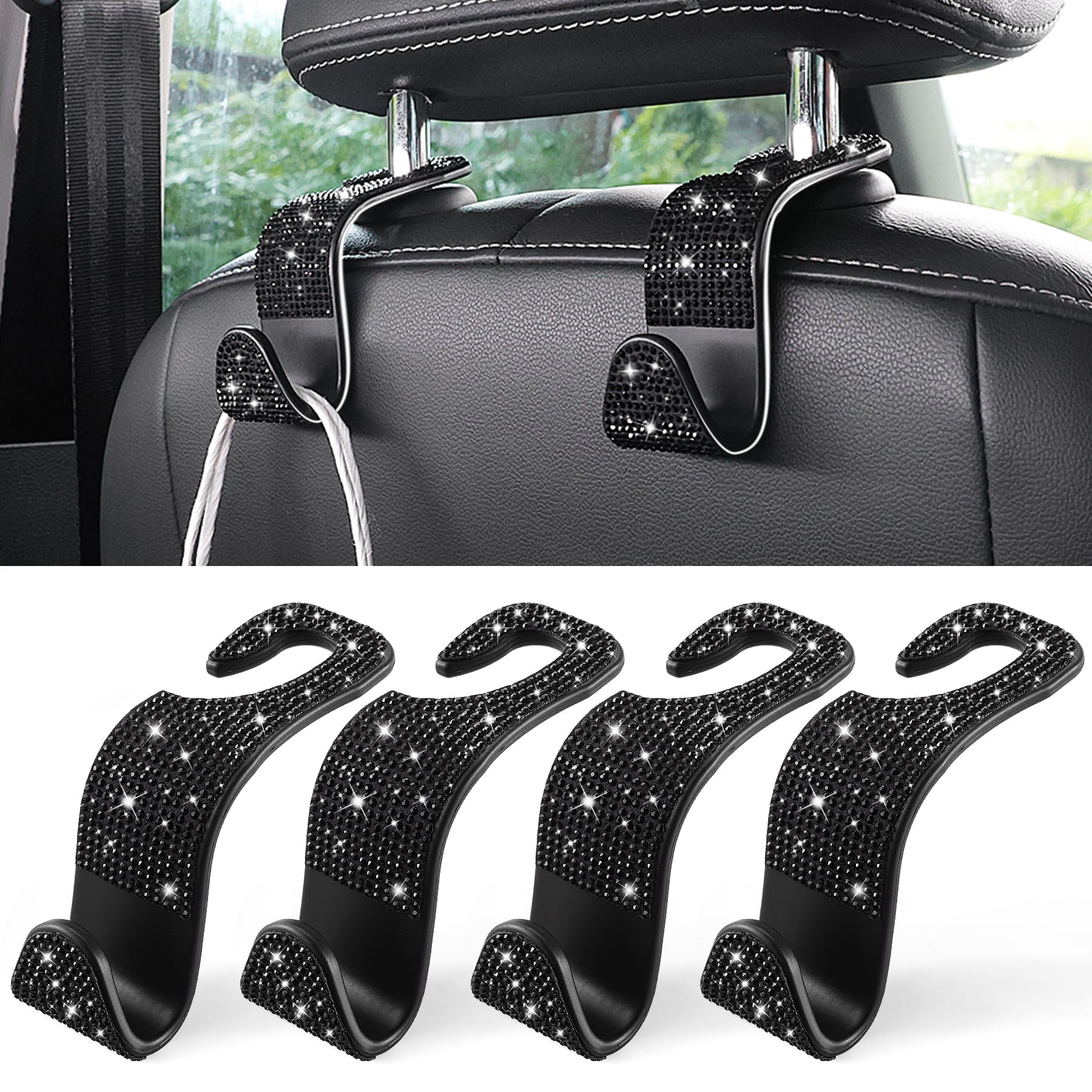 LivTee Crystal Bling Rhinestone Car Back Seat Hooks, Pack of 4 (Black)