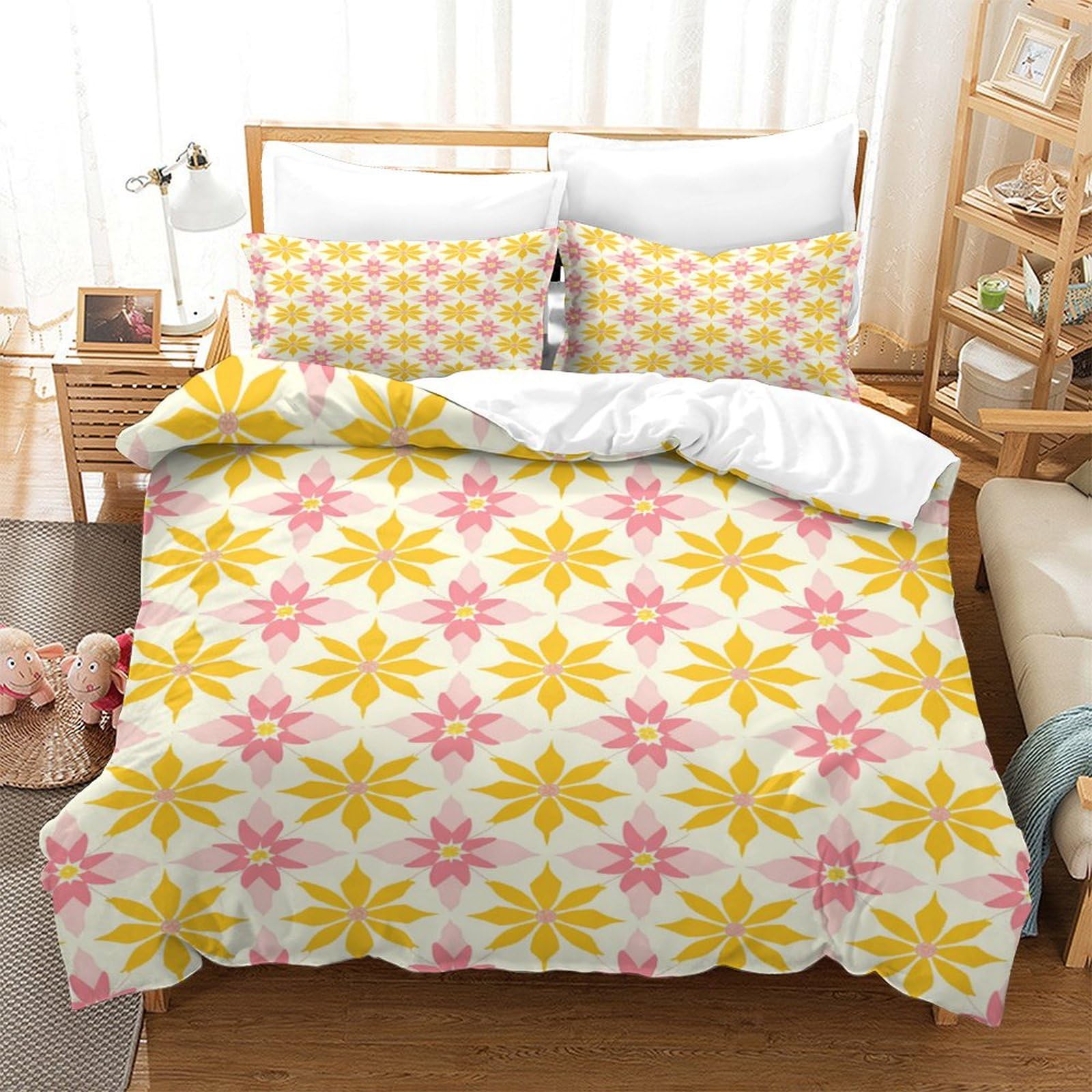P1S9U7W5Y 3D Printed Vibrant Floral 3pcs Microfiber Yellow Sunflower Duvet Cover Set Bedding King（220x240cm）