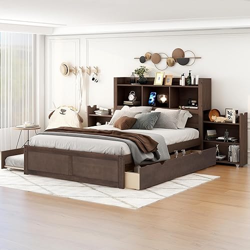 Miniatura 114 de Cama de plataforma de tamaño Queen con cabecero y cajones, marco de cama de plataforma de madera maciza con estantes, puertos USB y enchufes, marco