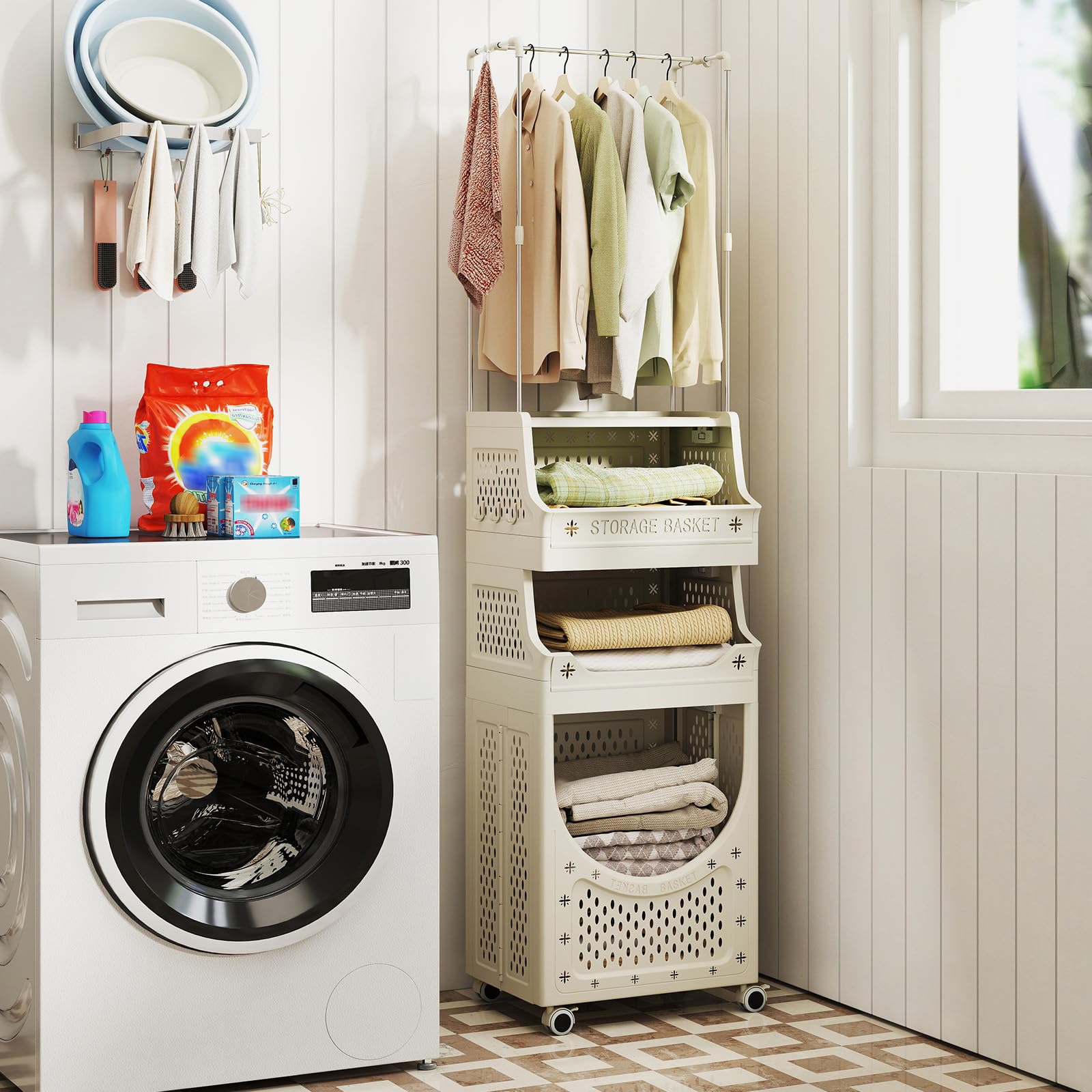 GOPLUS 2 en 1 Cesto para Ropa Sucia con Perchero, Cesta de Colada Inclinable y Extraíble con Ganchos y Compartimento Abierto, Mueble de Lavandería Plegable con Ruedas para Baño (21L+21L+40L)
