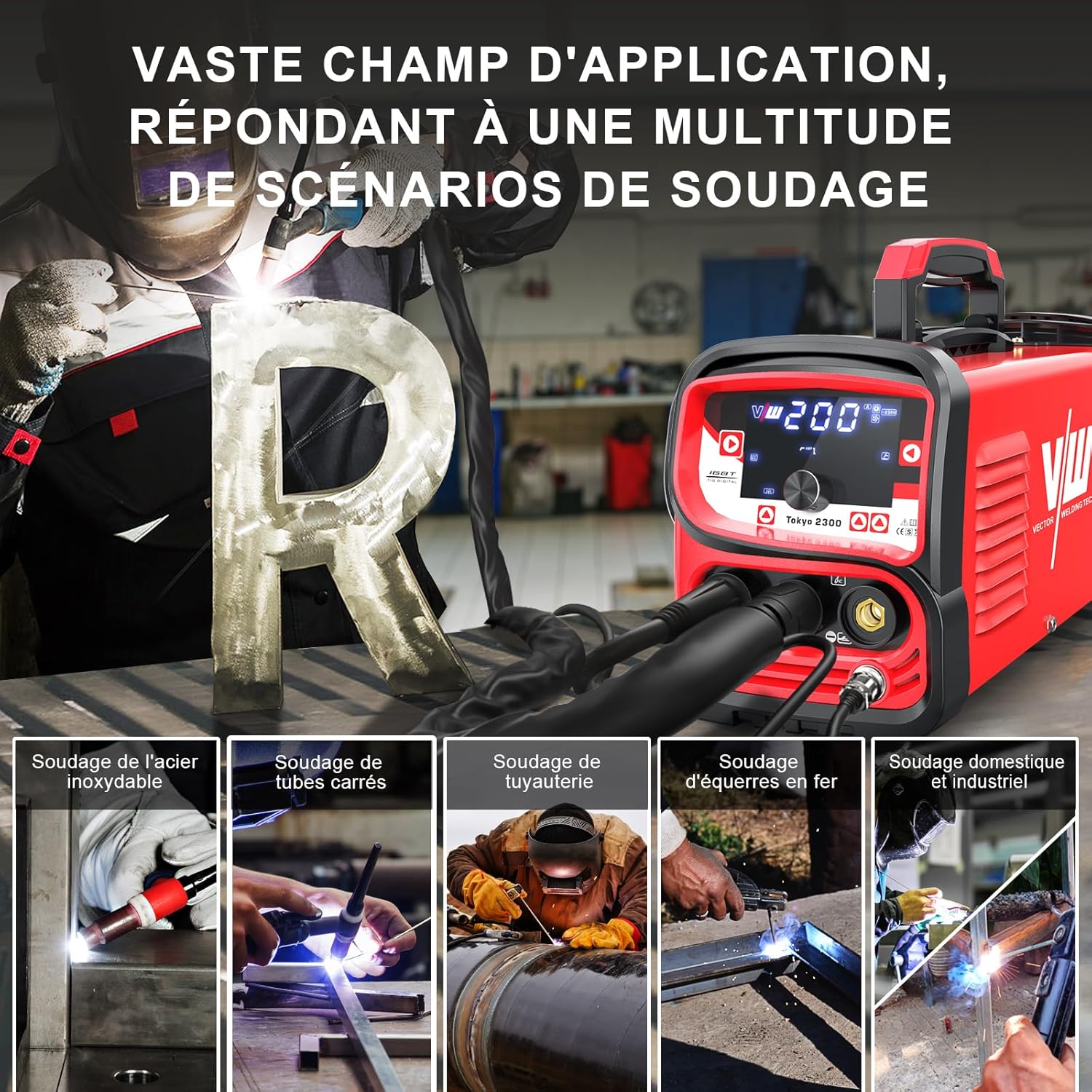 Various welding applications including stainless steel, square tubes, piping, iron, and domestic/industrial welding