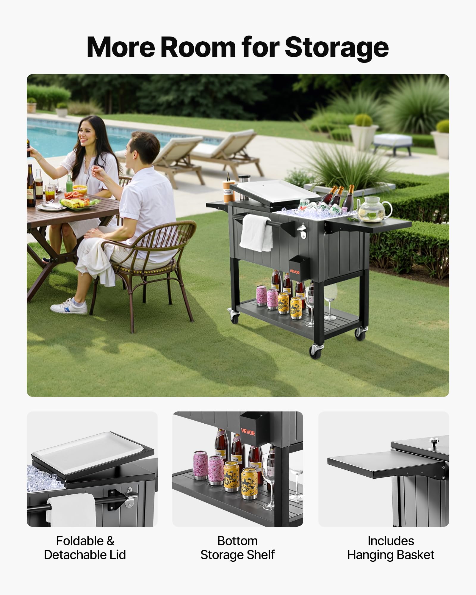 VEVOR Carrito Nevera con Ruedas 75,71 L, Carrito Refrigerador con Estantes Laterales e Inferior, Abridor de Botellas, Enfriador de Bebidas Portátil para Patios, Camping, Fiestas en Piscina, Exterior