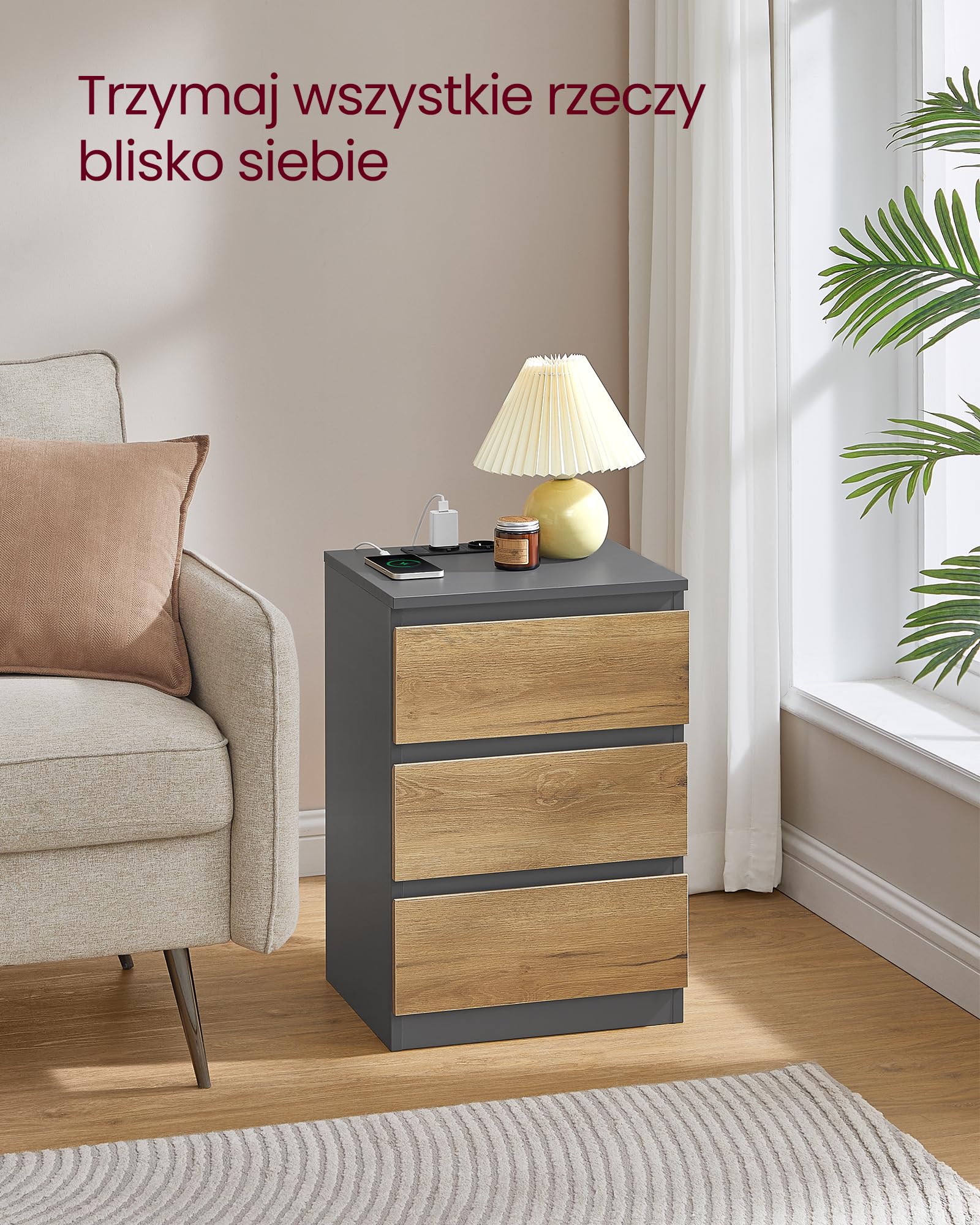 VASAGLE Kailyn Collection LET831G01 stolik nocny z listwą zasilającą, zestaw 2 szafek pomocniczych, 3 szuflady, 2 gniazda AC, 2 porty USB-A, nowoczesny, szary łupek i naturalny brąz