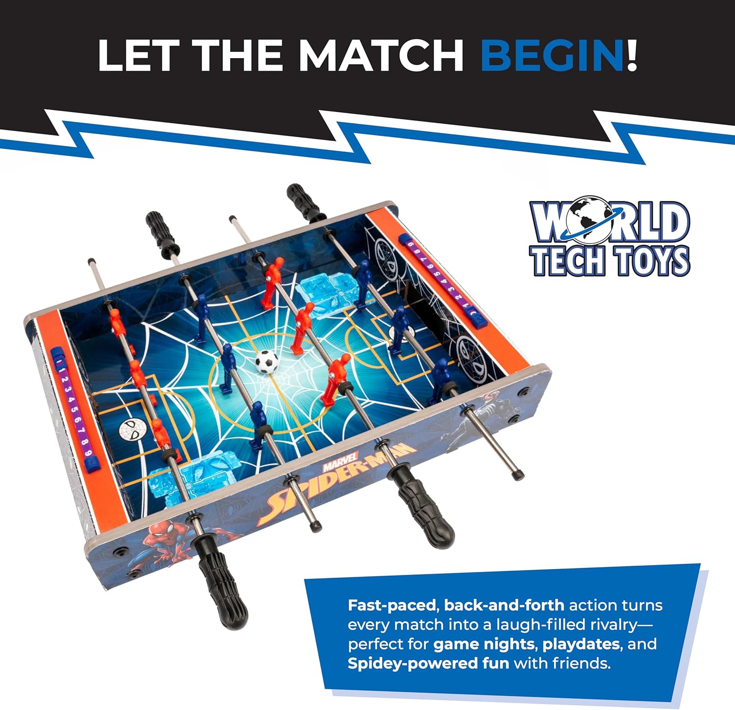 World Tech Toys Marvel Spider-Man Foosball Table for Kids – Tabletop Soccer Game with Rod Handles, Ball & Players – Wooden Spiderman Game for Kids 4+ – Marvel Licensed