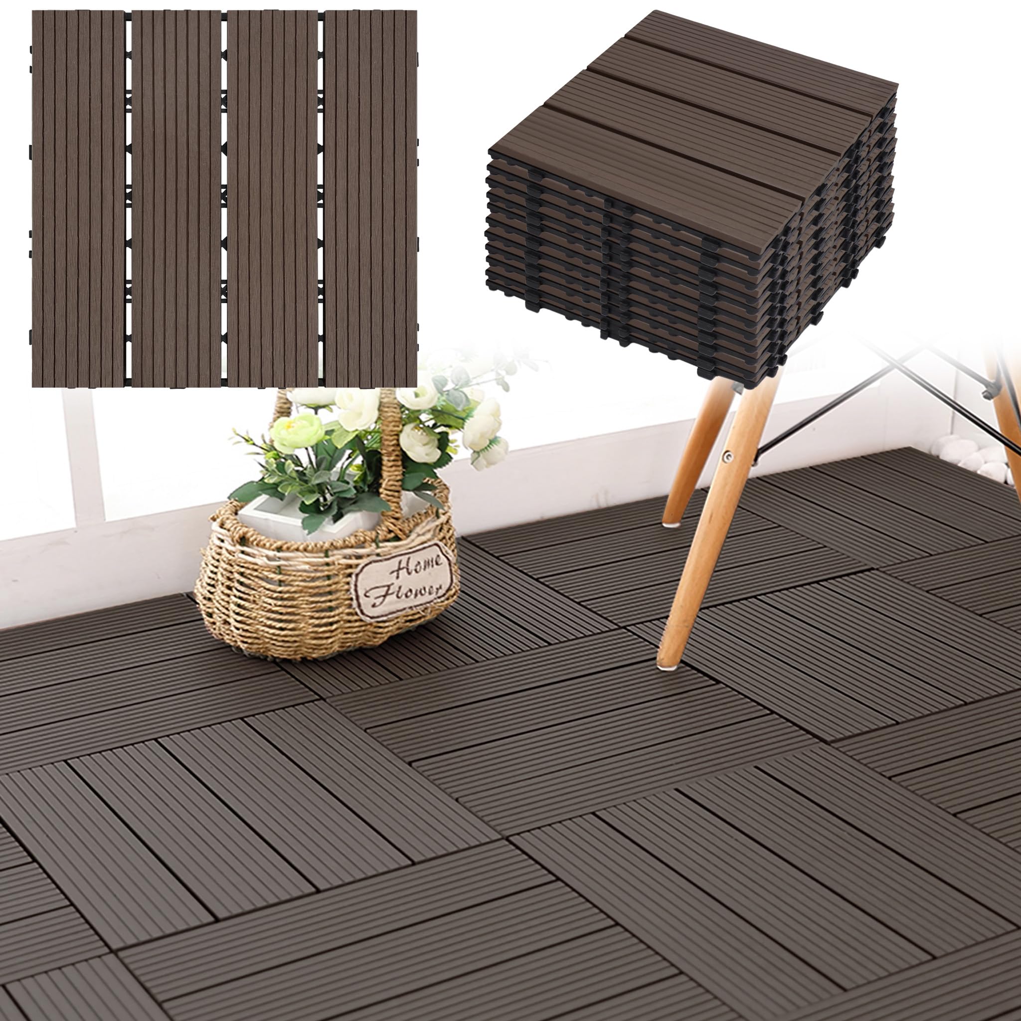 YEATHOR Garden Decking Tiles, WPC Plastic Terrace Tiles, 30x30cm Interlocking Flooring in Wood Look, Weather-Resistant, Indoor Outdoor Drainage Balcony Flooring, (44 Pieces = 4m², Light Brown)