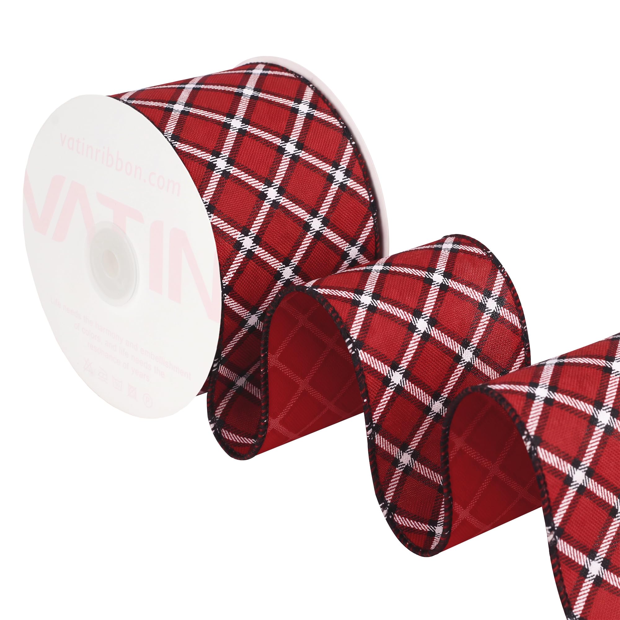 VATIN Red Black White Diagonal Tartan Wired Ribbon, 64 MM x 9 M