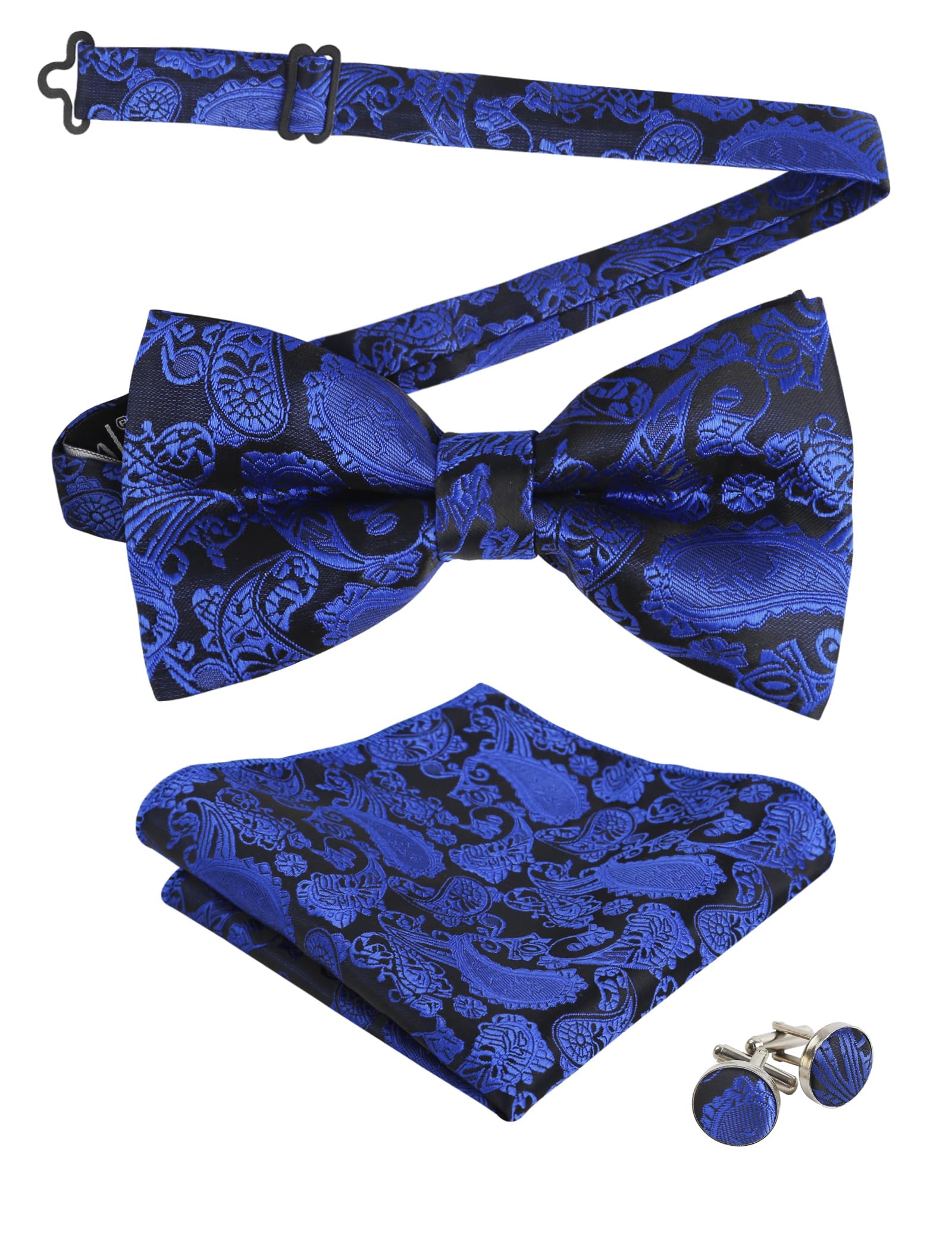 Alizeal Men's 168-Royal Blue Paisley Bow Tie, Hanky And Cufflinks Set (Royal Blue)(Size: One Size)