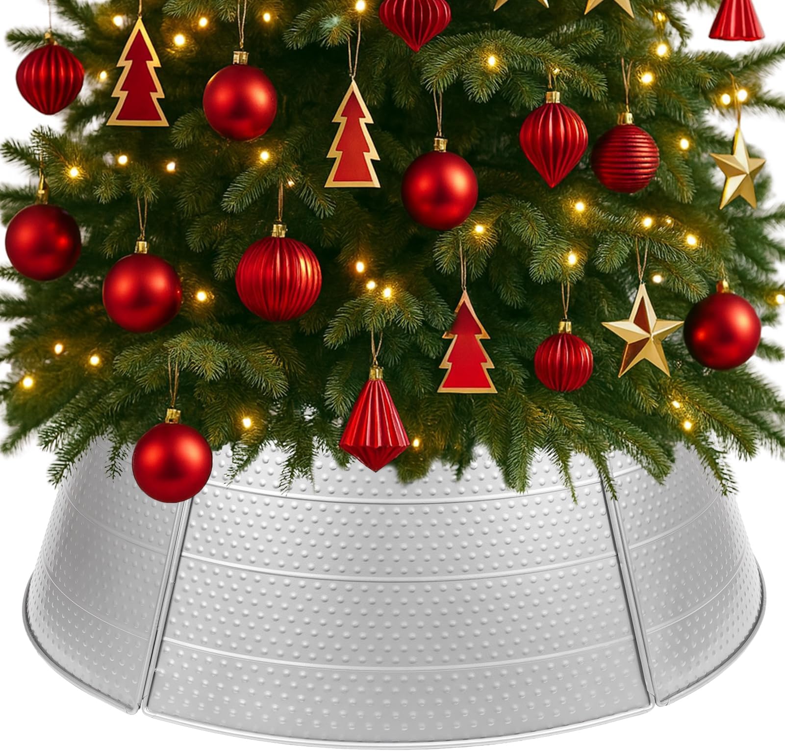 Silver Metal Christmas Tree Collar, 28 Inch 5-Panel Tree Skirt Collar for Pencil or Artificial Trees, Perfect for Christmas Decoration