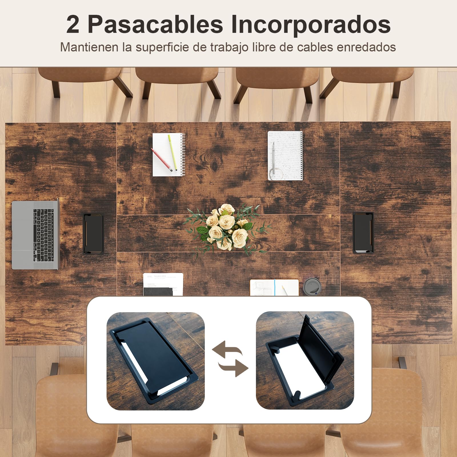 GYMAX Mesa de Conferencias, Ordenador de Oficina con 2 Pasacables, Escritorio Rectangular de 240 x 120 cm con Marco Metálico Resistente, Mesa Moderna para Seminarios para Sala de Reuniones
