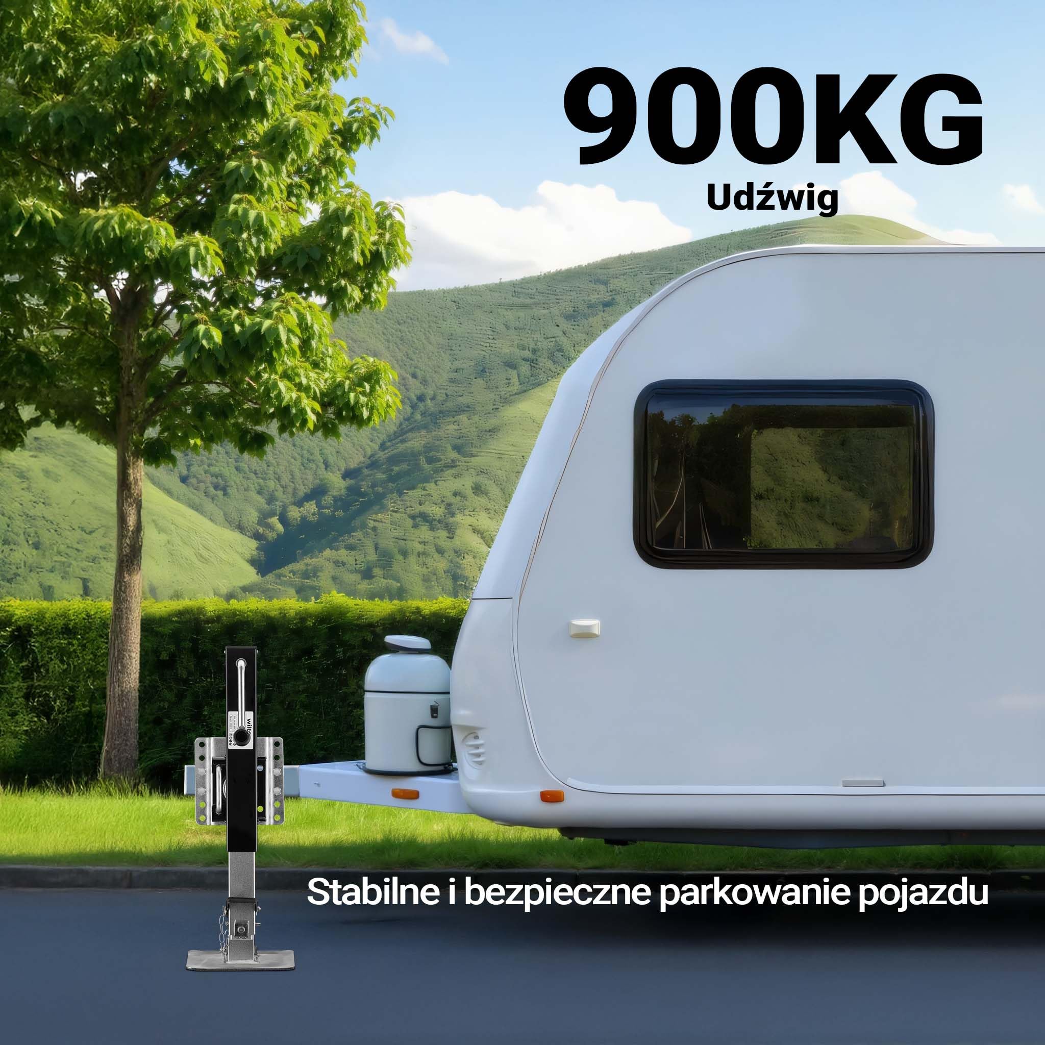 Wiltec Podpora o nośności do 900 kg z korbą do regulacji wysokości i bocznym uchwytem obrotowym, postojowa do przyczepy kempingowej