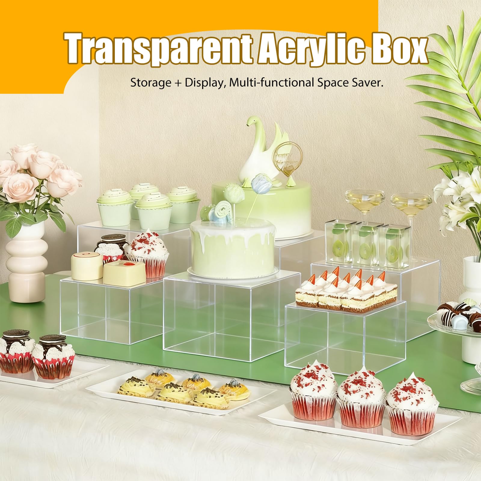 Soporte para tartas, soporte de buffet de acrílico transparente, 6 unidades de soportes para tartas (3-8 pulgadas), reutilizables con base hueca, soporte de postre para cupcakes, postres, joyas