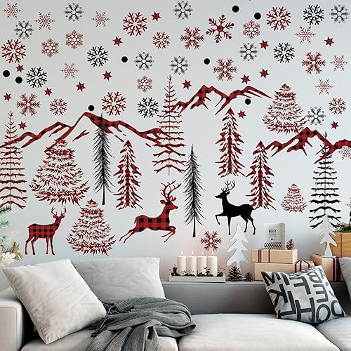 Teling 8 calcomanías de pared de copo de nieve de invierno, decoración de invierno para habitación de niños (cuadros rojos y negros)