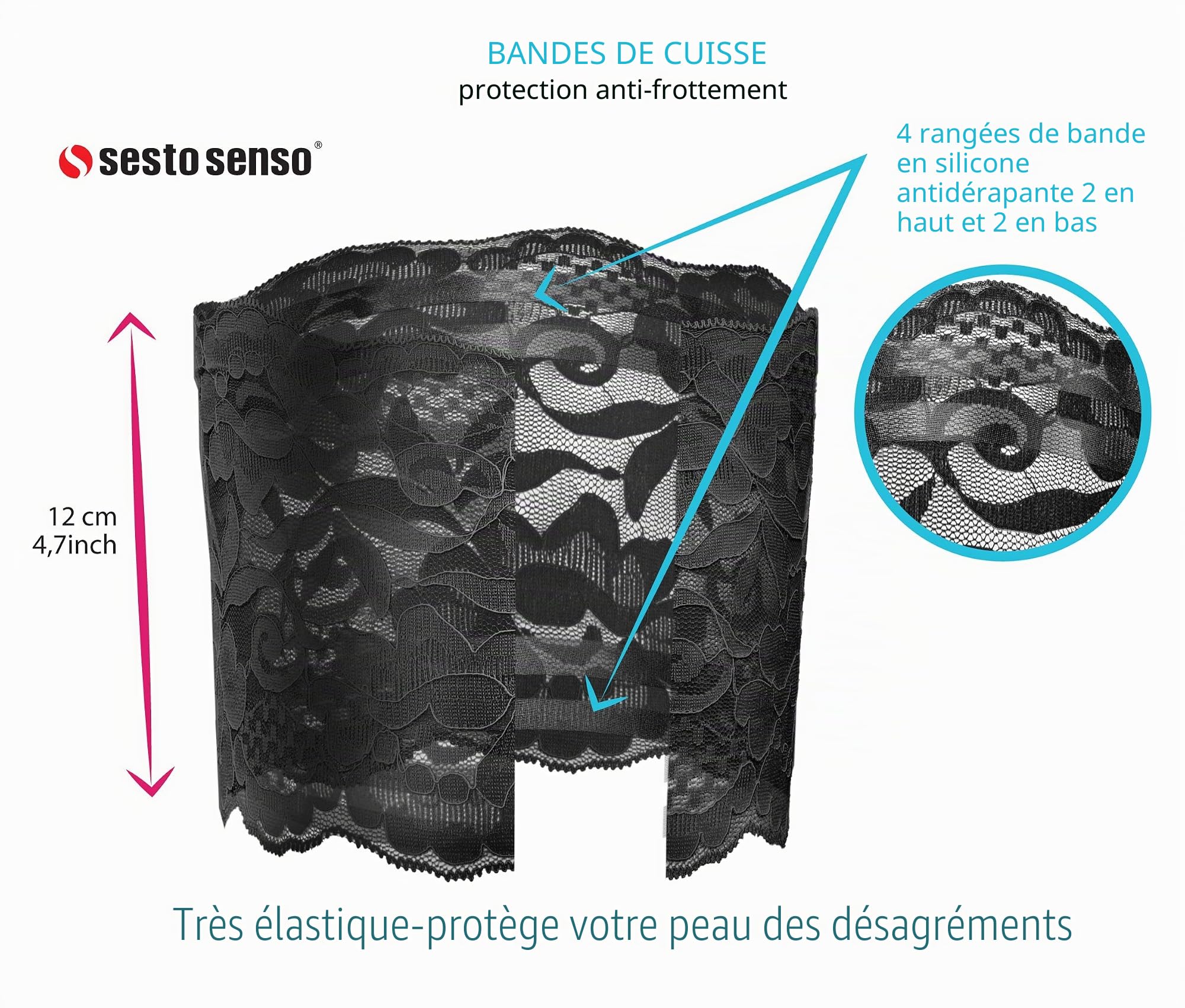 sesto senso 2 Paires Bandes de Cuisses Dentelle et Lisse Protège-Cuisse Elastiques Antidérapant Silicone Bande