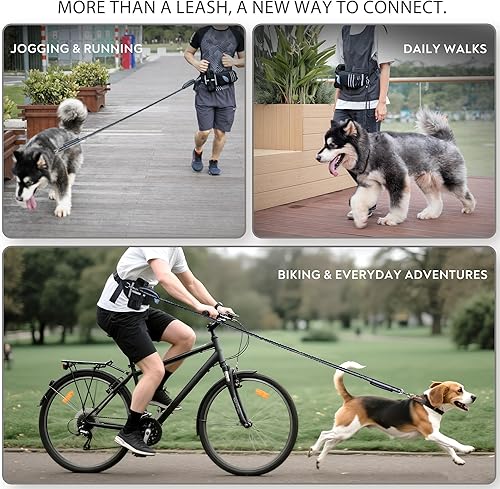 Miniatura 3 de Correa de perro manos libres de máxima seguridad, gancho seguro resistente, elástico que absorbe los golpes, cinturón y bolsa, asas dobles, se