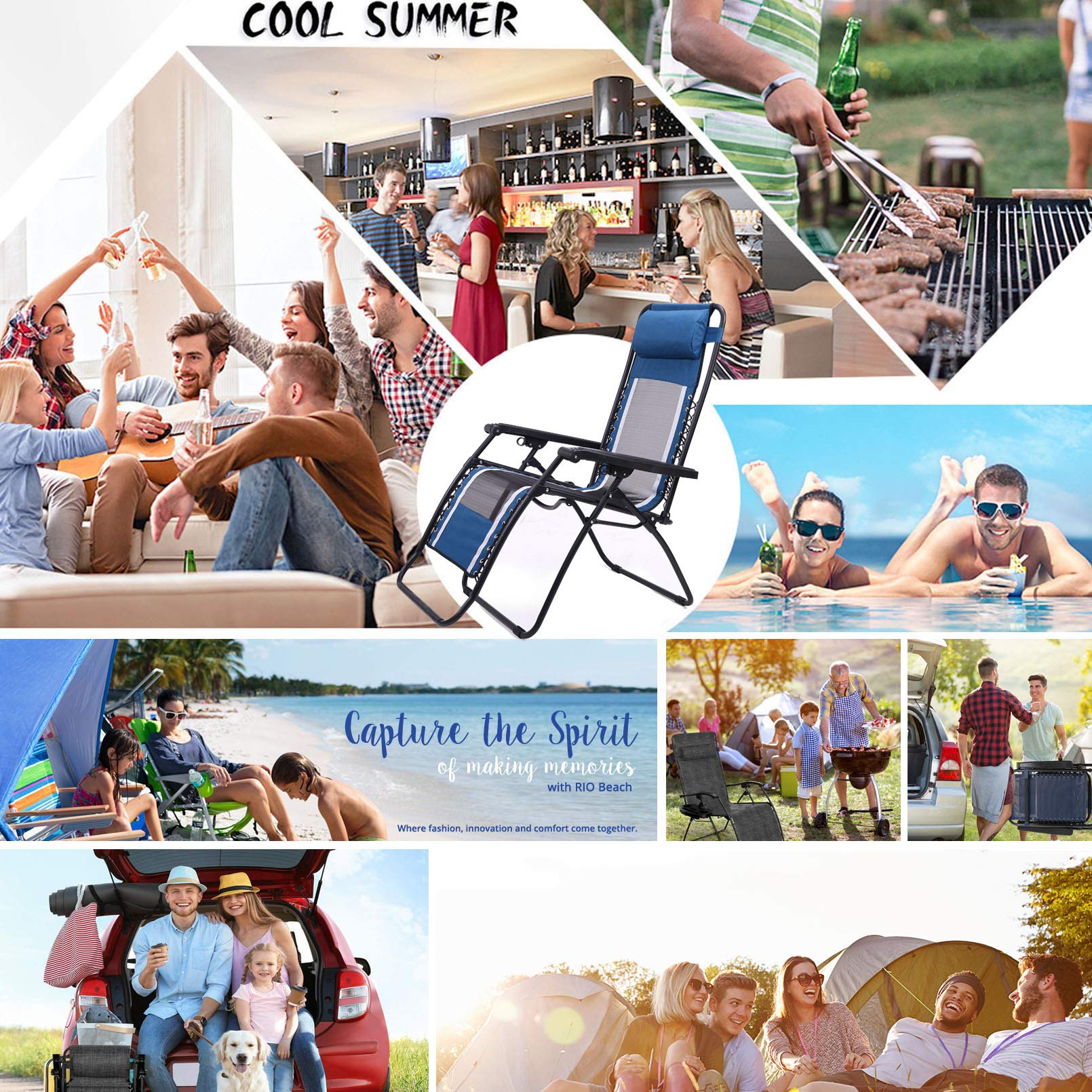 Chaise inclinable surdimensionnée Zero Gravity, rembourrée et pliante, inclinable réglable avec appui-tête pour l'extérieur, le camping, le jardin, la terrasse, la pelouse, le milieu, le support 350