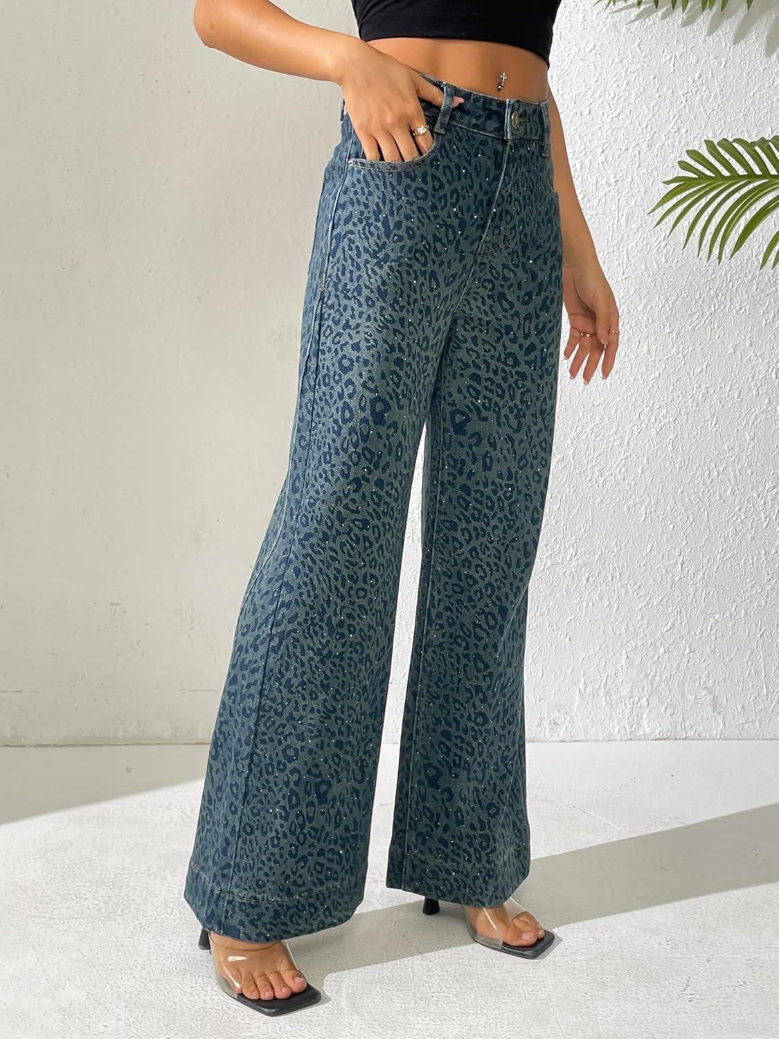heipeiwa Women's Leopard Rhinestone Flare Jeans High Waist Bell Bottom Wide Leg Baggy Stretch Denim Pants - Image 4