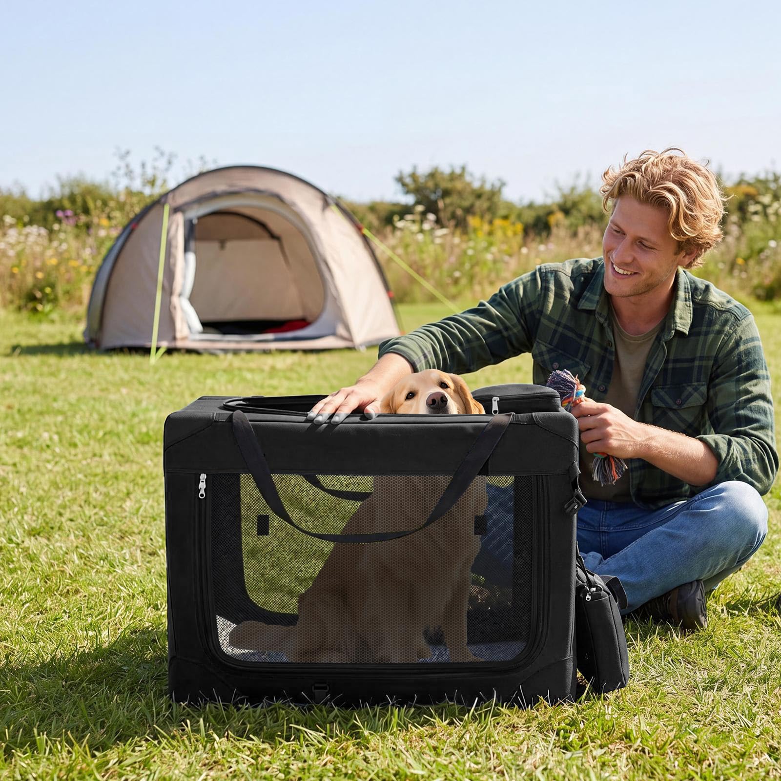 COSTWAY Trasportino per Cani e Gatti, Borsa per Cani Pieghevole e Traspirante con Morbido Cuscino, Parte Superiore Apribile, 2 Tasche Portaoggetti e 2 Manici per Animali Domestici (L,Nero)