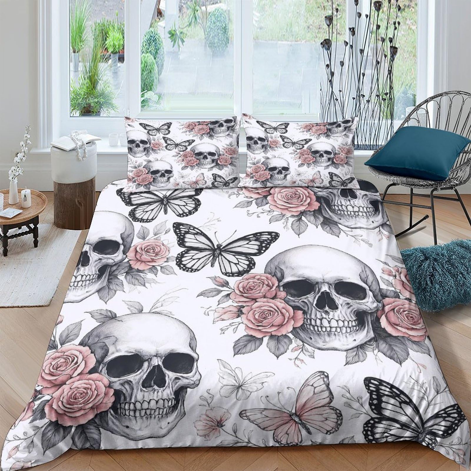 Ctjqhvkz Style-8 3D Printed Skull Rose Fitted Sheet Microfiber Soft Breathable Butterfly Bed Cover For Bedroom Guest Room Decor Single（135X200cm）