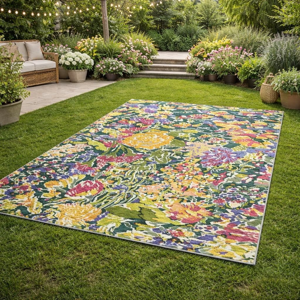 Handmade Hand Tufted Wool Rug, 7x10 Multicolor Botanical Floral Luxury Area Rug for Living Room, Bedroom, Dining Room