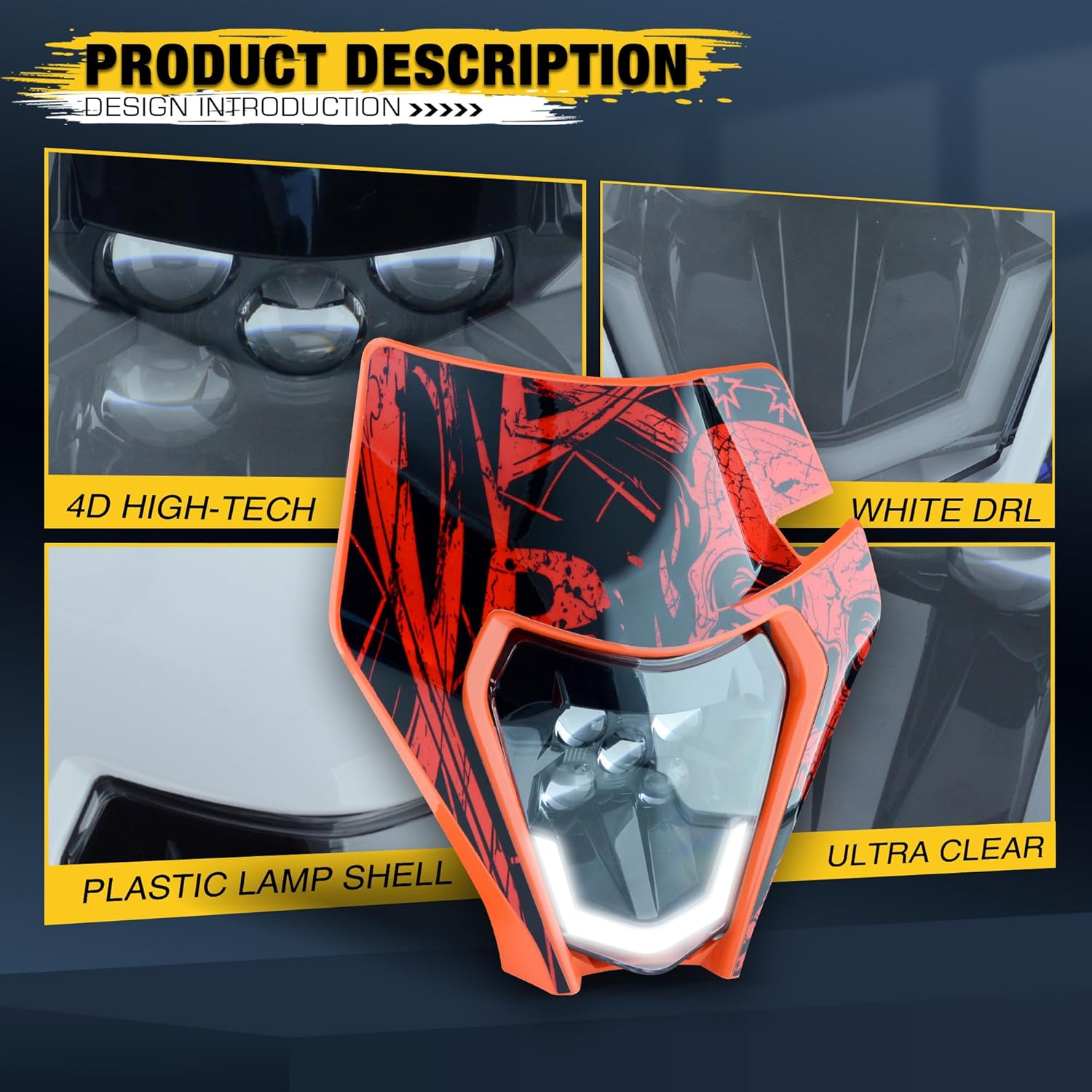 Dirt Bike Led Headlight Motorcycle 2020-2022 Enduro Headlight Kit for EXC EXCF SX SXF XC XCF XCW XCFW (Orange-Red Skull)