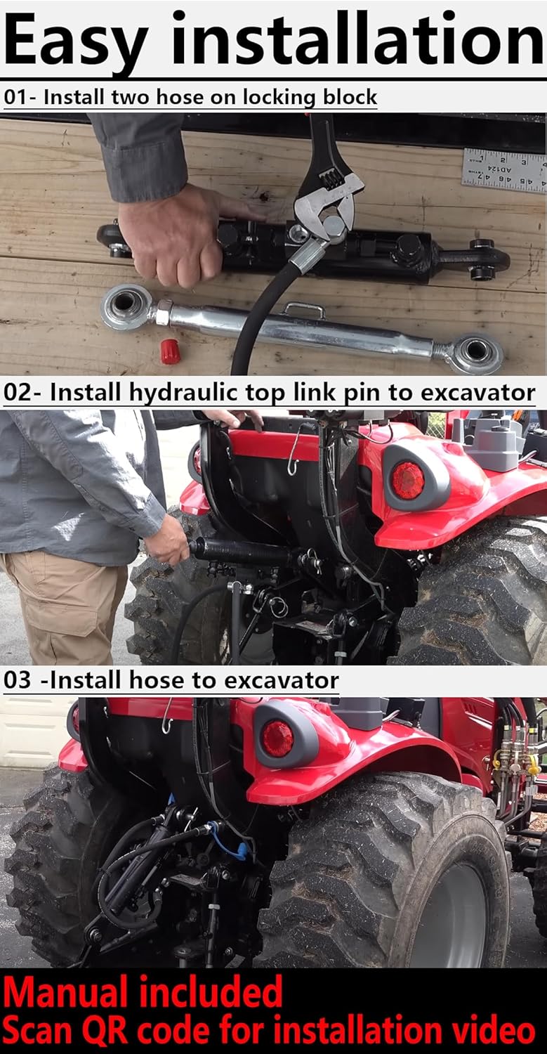 Hydraulic Top Link Cat. 1-1 18 1/8” – 26 3/8” with Locking Block and 2 x Hoses，SPH320032 for Tractor Excavators and Class 1& 2 Equipment
