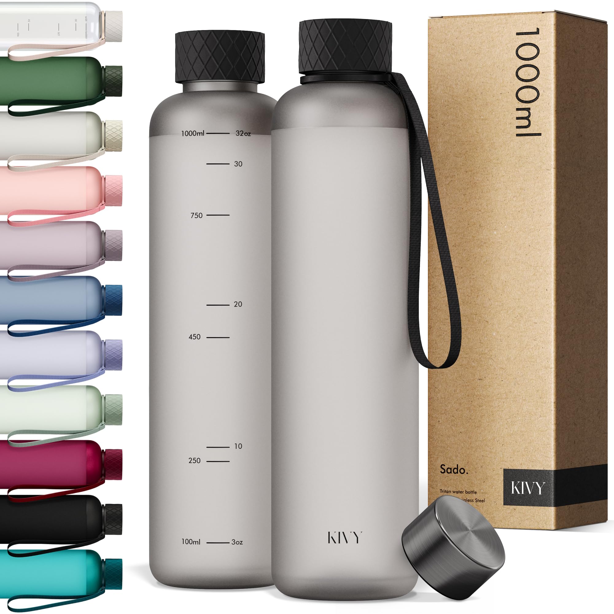 KIVY Borraccia 1 litro - Antigoccia e Antiurto – Perfetta per Sport, Scuola e Ufficio - Borraccia Palestra - Bottiglia 1 Litro - Bottiglia Acqua - Plastica Borracce Sportiva 1l - Senza BPA - Cenere