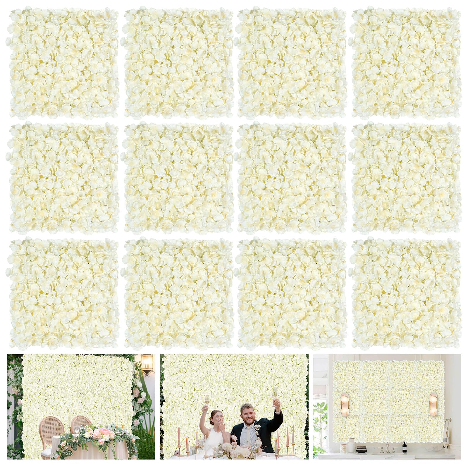 Ivory Backdrop Flowers Wall Panels: 12 Pcs 15 x 15 Inch Floral Backdrop Artificial Flower Wall Decor for Baby Shower Wedding Photo Background Decoration (3.75ft by 5ft)