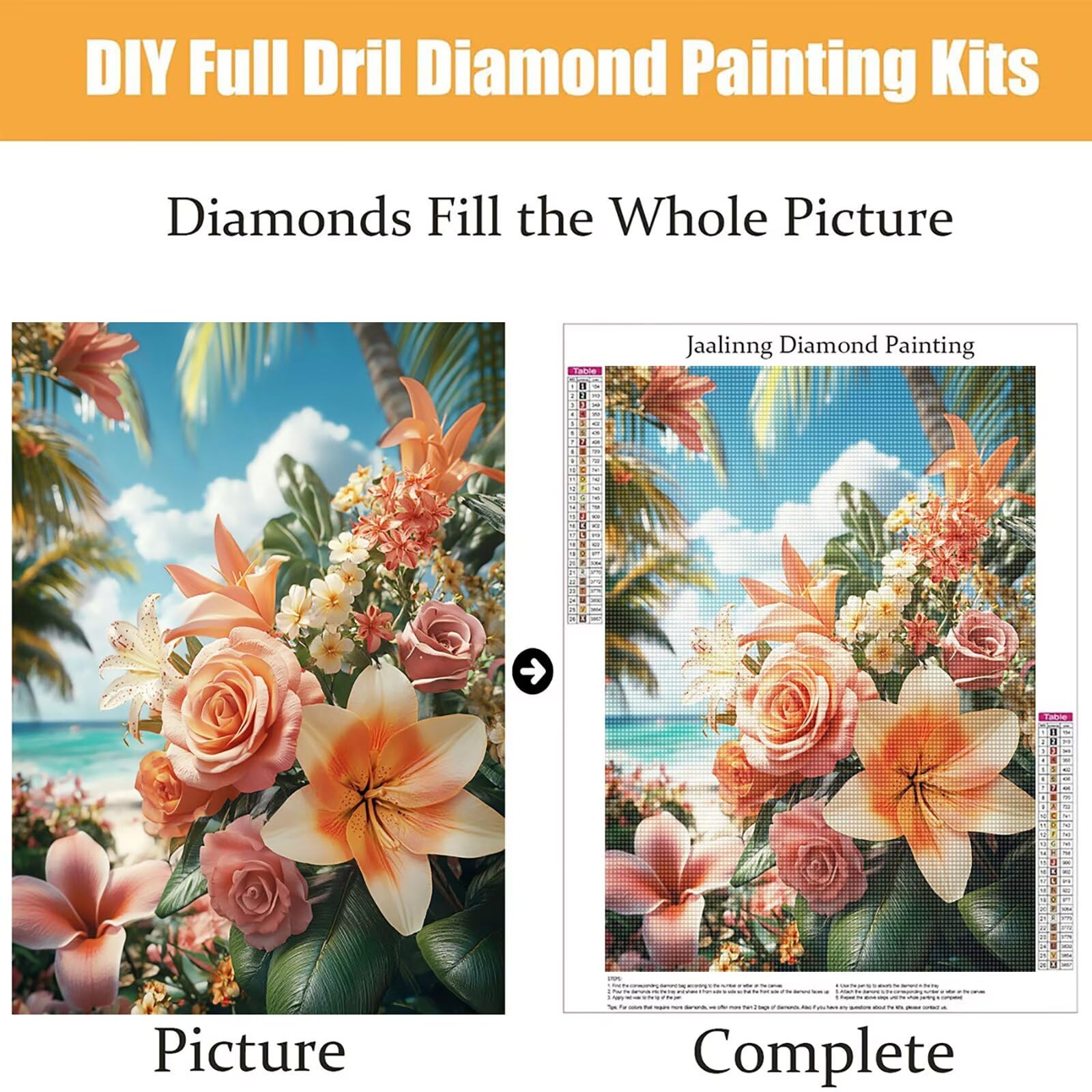 Diamond Painting Kit Completo, Diamond Painting Tropicale, 5D Quadrato Pittura Diamante Kit Manualidades Adultos DIY Diamantini Crystal Art Disegni Ricamo Punto Croce Artigianale,80x100cm Fiori j0-702
