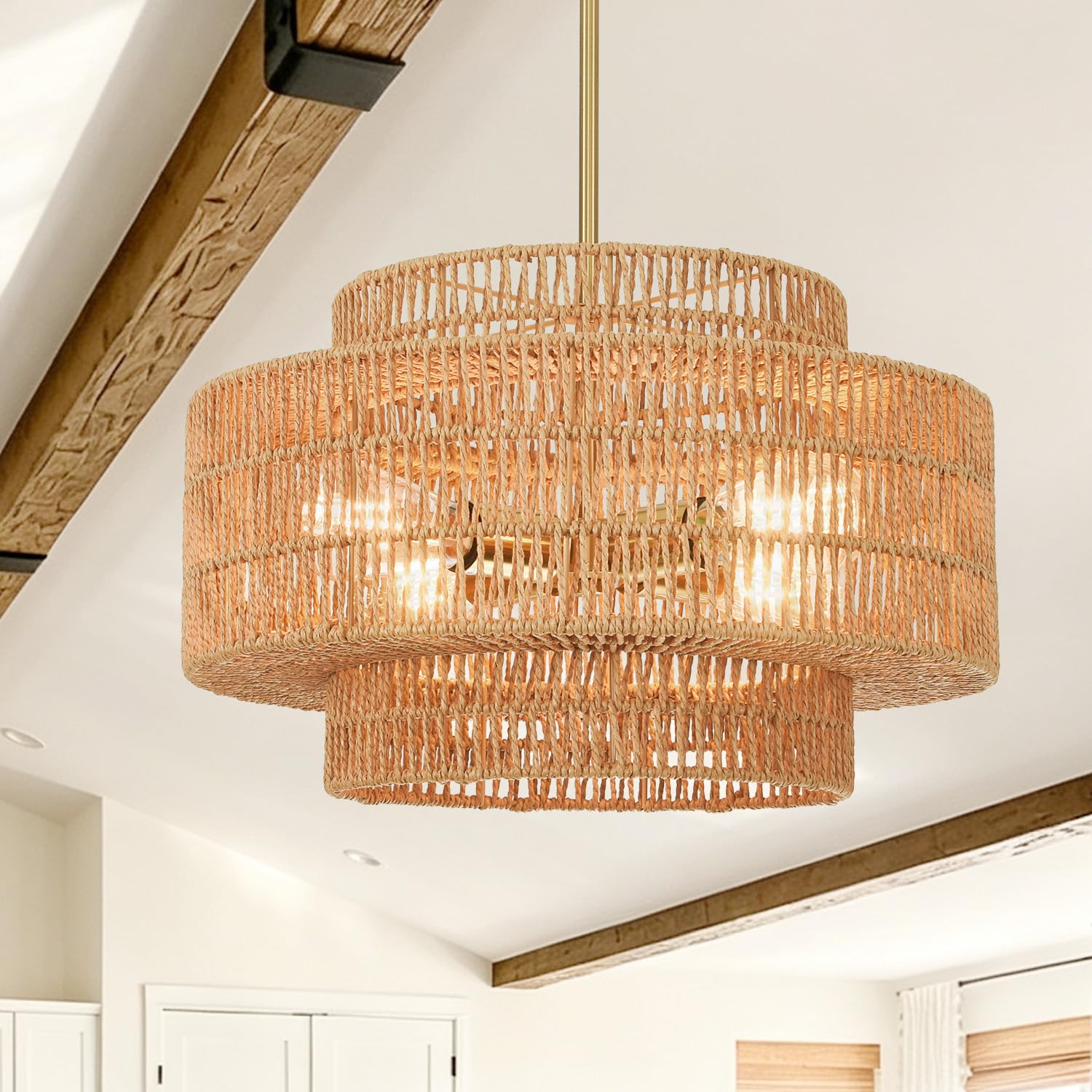 4-Light Hand Woven Rattan Pendant Light 3-Tier Boho Chandelier