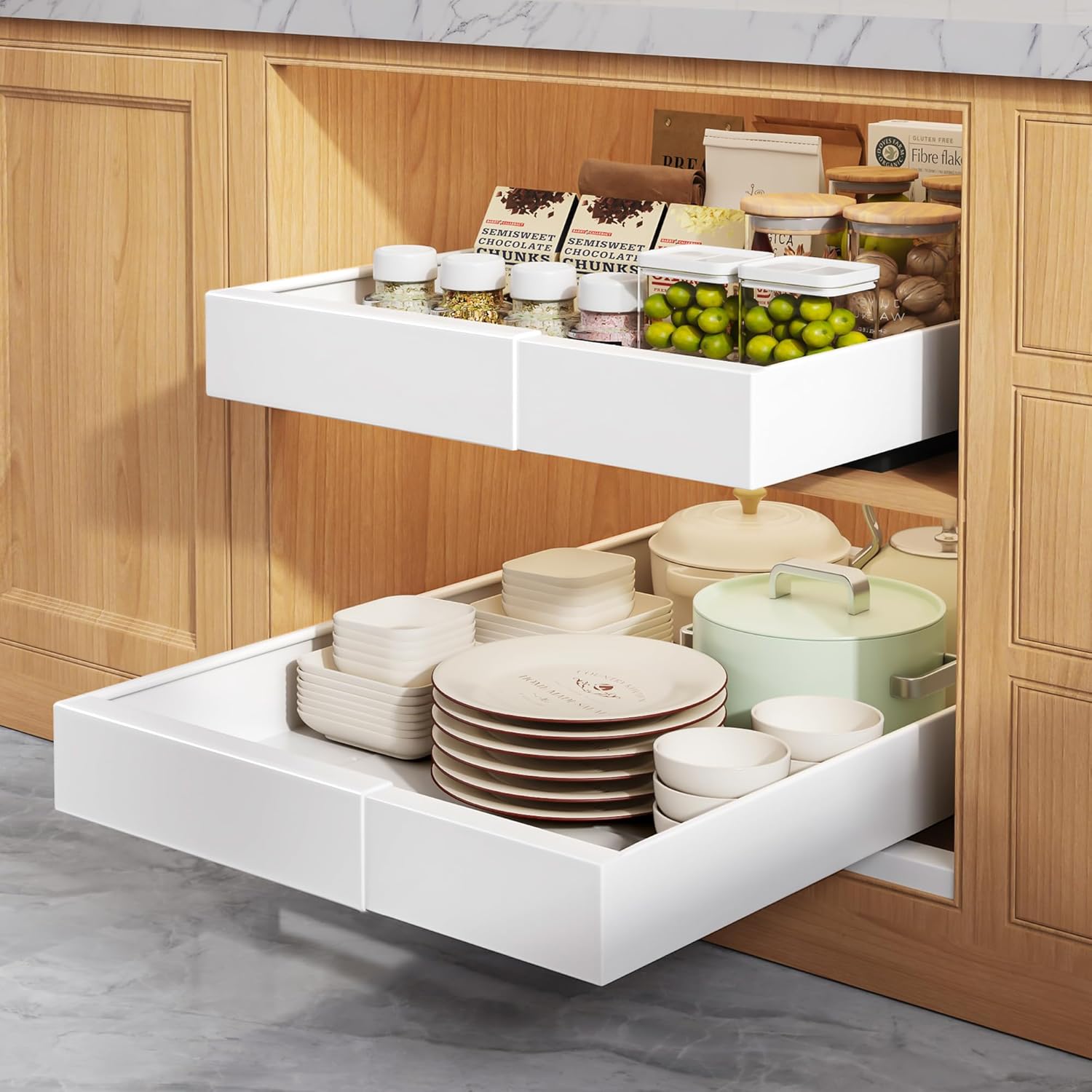 2 Pack Pull Out Cabinet Organizers 21" Deep With Raising Pad for Framed Cabinets, Expandable Width (9"-14") Slide Out Drawers Upgrade 3 Slide Rails, Roll Out Shelves Adhesive, White White 9"-14"Wide x 21"Deep(2 Pack)
